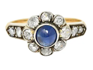 Victorian 2.25 CTW Sapphire Diamond Silver-Topped 14 Karat Gold Cluster Ring