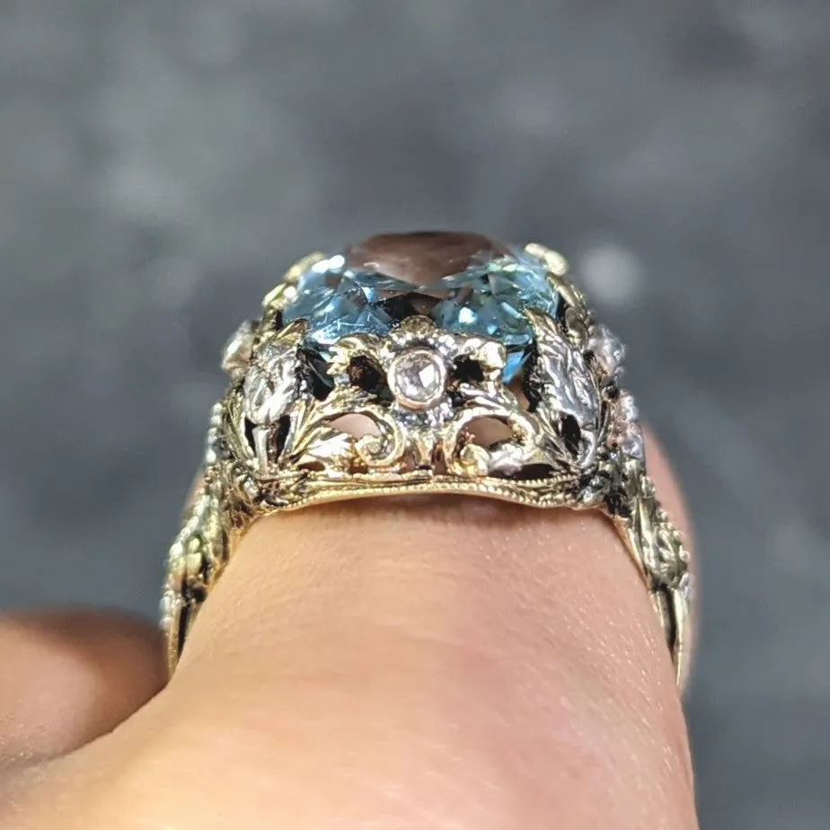 Victorian 6.52 CTW Aquamarine Diamond 14 Karat Gold Silver Floral Antique Ring