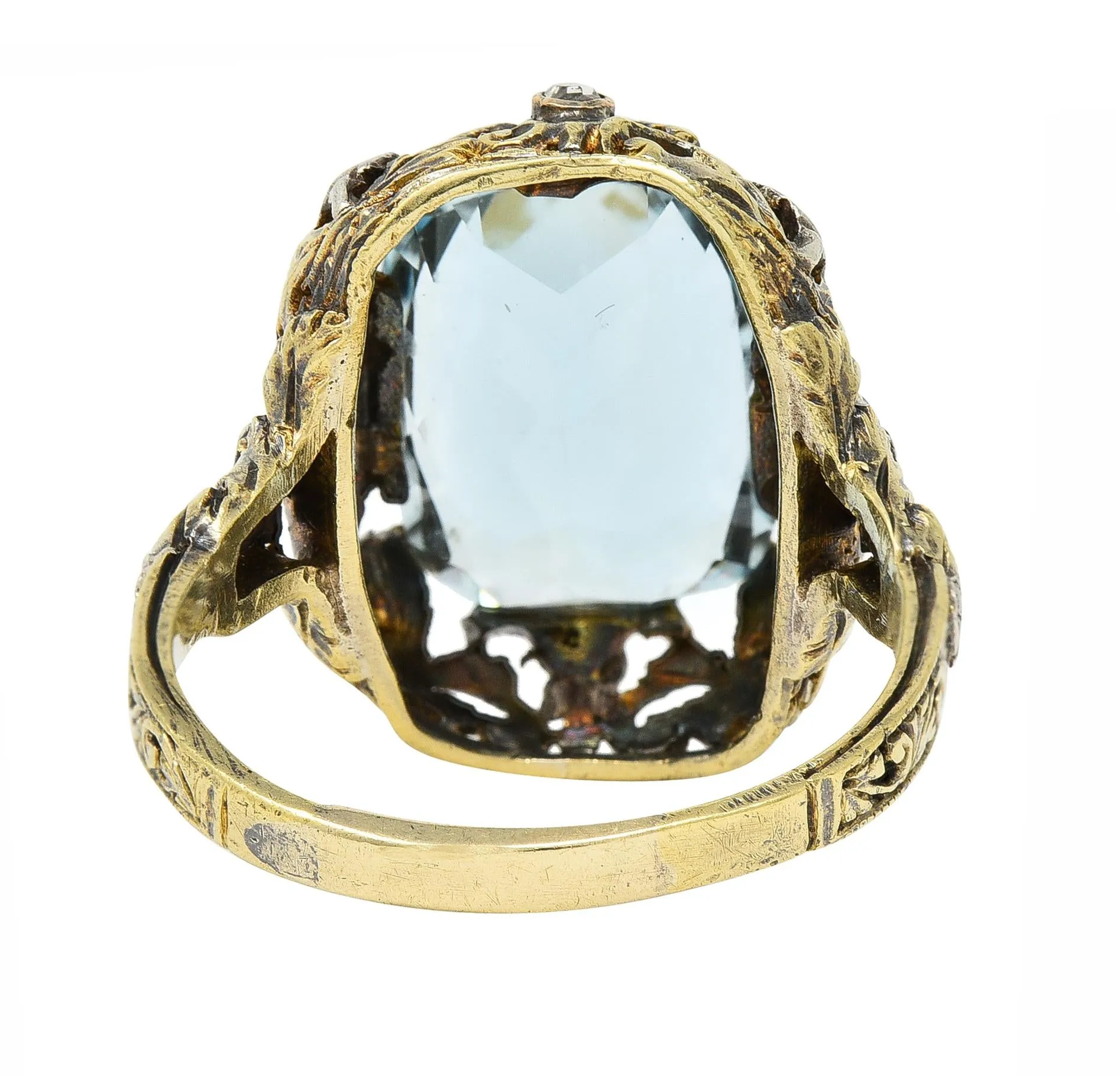 Victorian 6.52 CTW Aquamarine Diamond 14 Karat Gold Silver Floral Antique Ring