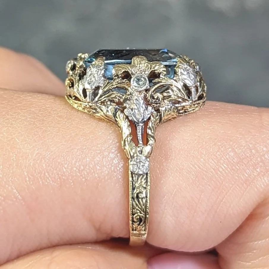 Victorian 6.52 CTW Aquamarine Diamond 14 Karat Gold Silver Floral Antique Ring