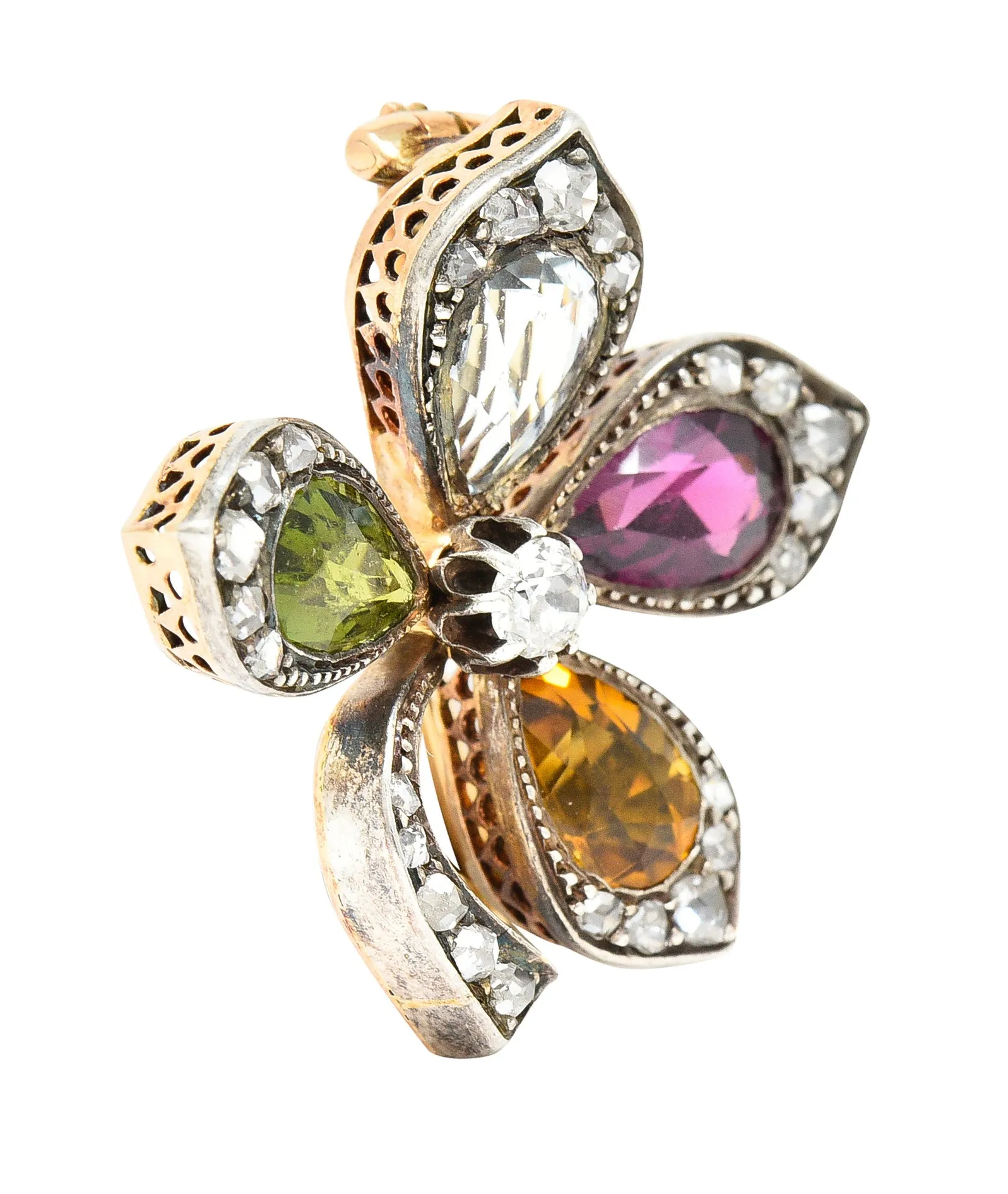 Victorian Aquamarine Garnet Citrine Peridot Diamond Silver-Topped 14 Karat Yellow Gold Four Leaf Clover Antique Brooch