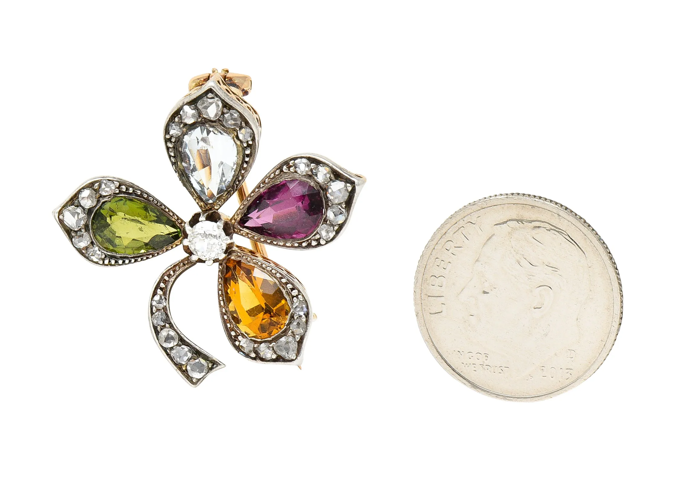 Victorian Aquamarine Garnet Citrine Peridot Diamond Silver-Topped 14 Karat Yellow Gold Four Leaf Clover Antique Brooch