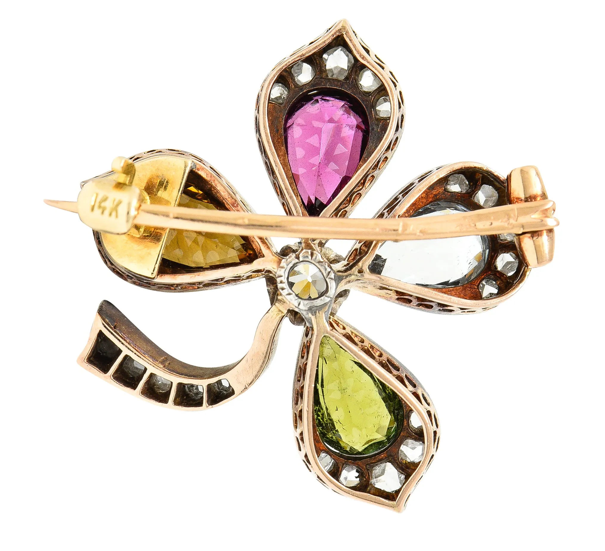 Victorian Aquamarine Garnet Citrine Peridot Diamond Silver-Topped 14 Karat Yellow Gold Four Leaf Clover Antique Brooch