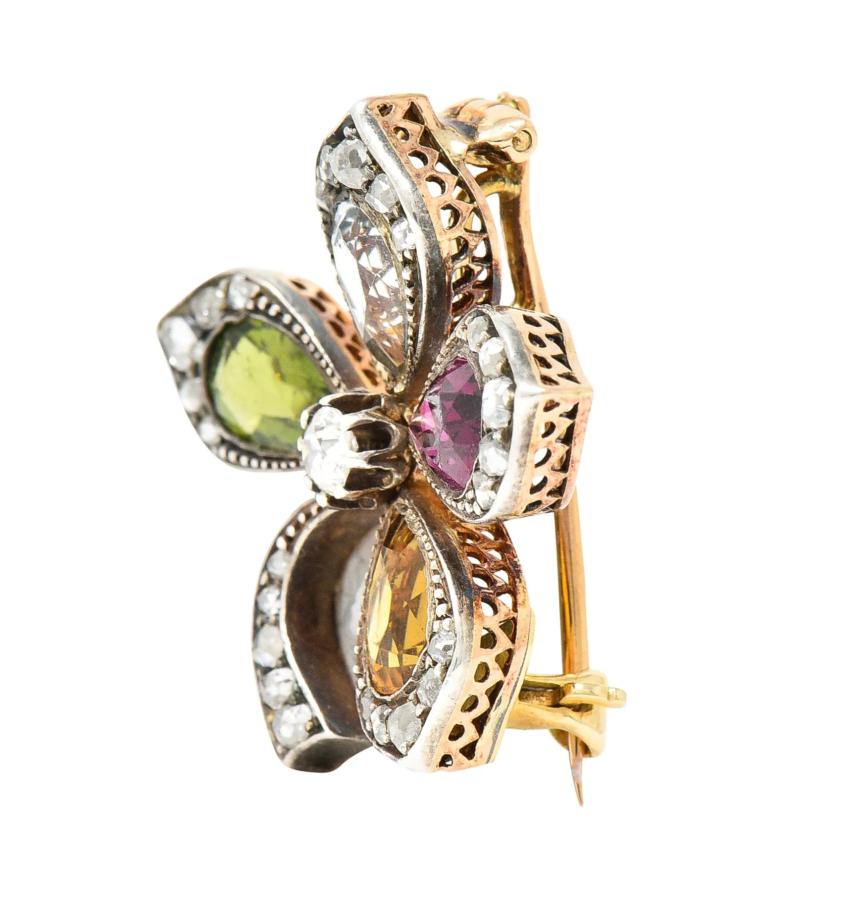 Victorian Aquamarine Garnet Citrine Peridot Diamond Silver-Topped 14 Karat Yellow Gold Four Leaf Clover Antique Brooch