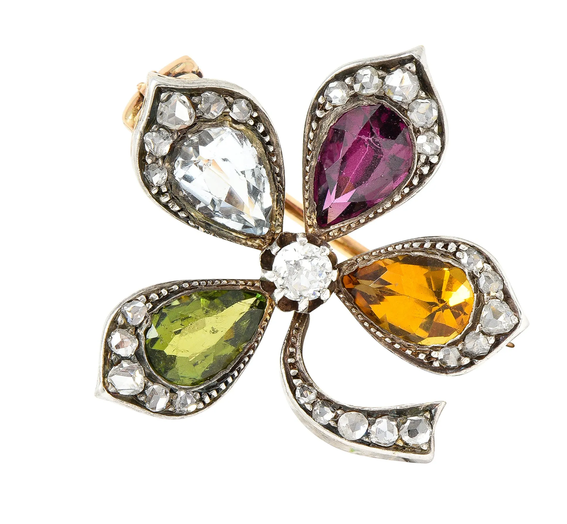 Victorian Aquamarine Garnet Citrine Peridot Diamond Silver-Topped 14 Karat Yellow Gold Four Leaf Clover Antique Brooch