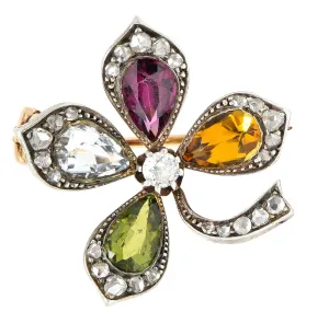 Victorian Aquamarine Garnet Citrine Peridot Diamond Silver-Topped 14 Karat Yellow Gold Four Leaf Clover Antique Brooch