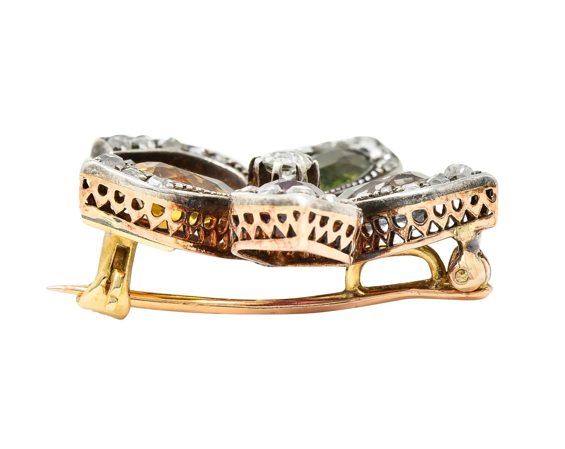 Victorian Aquamarine Garnet Citrine Peridot Diamond Silver-Topped 14 Karat Yellow Gold Four Leaf Clover Antique Brooch