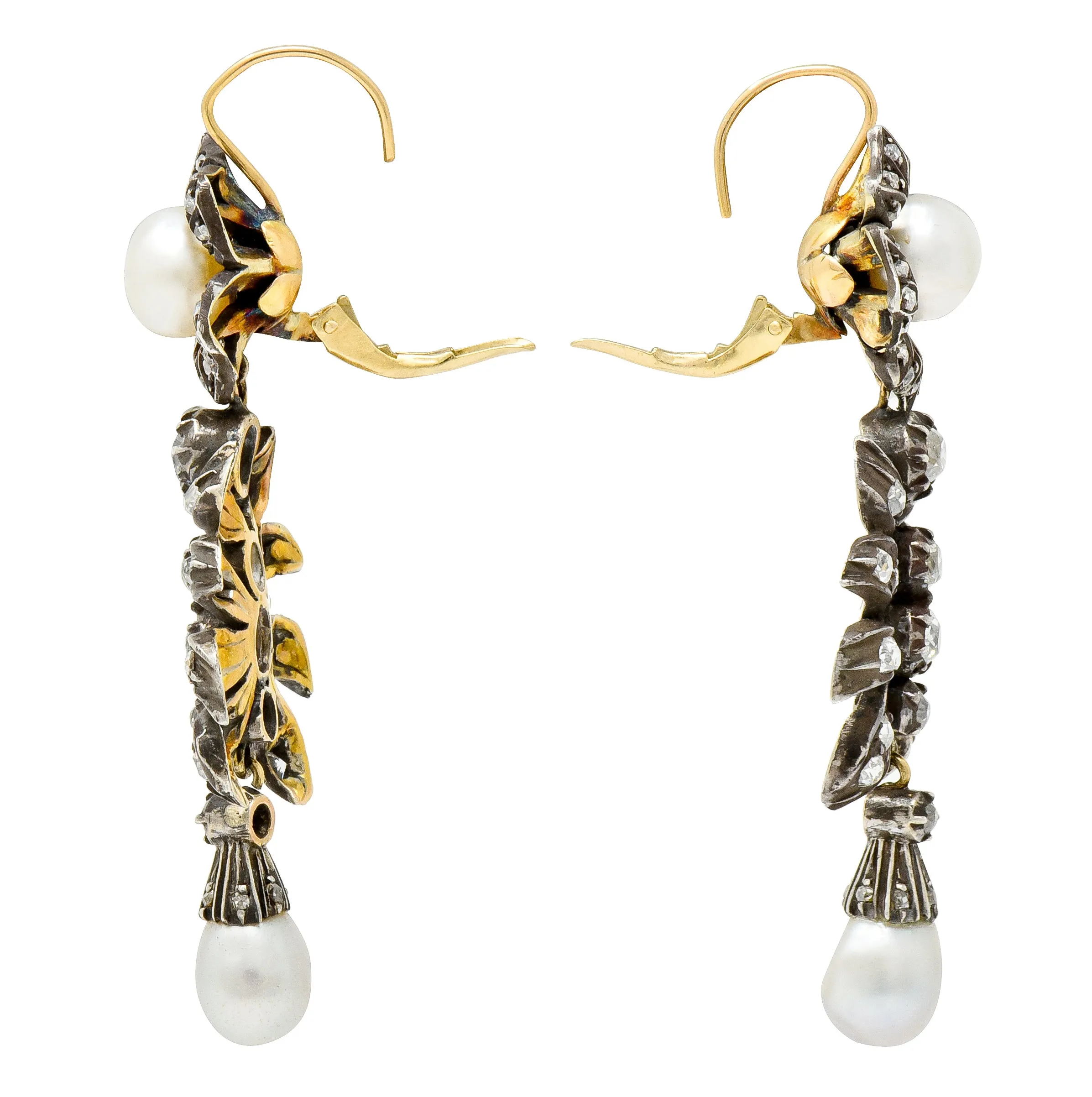 Victorian Diamond Natural Pearl Gold Silver Floral Drop Earrings GIA