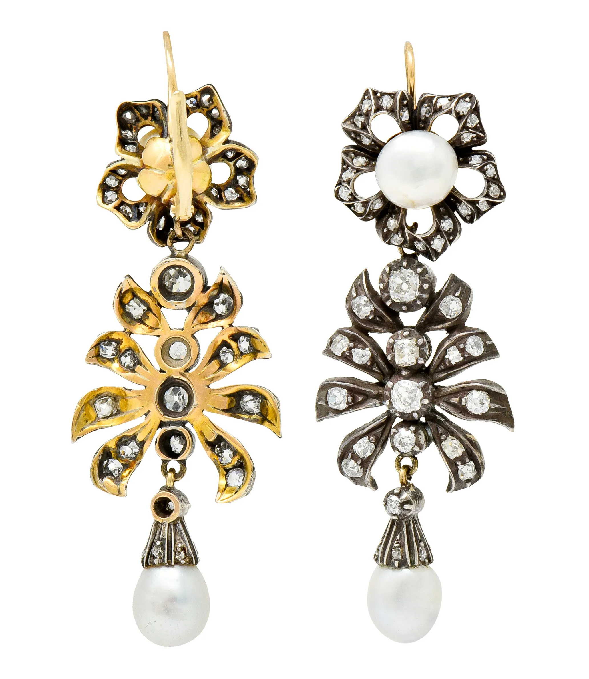 Victorian Diamond Natural Pearl Gold Silver Floral Drop Earrings GIA