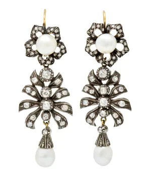 Victorian Diamond Natural Pearl Gold Silver Floral Drop Earrings GIA