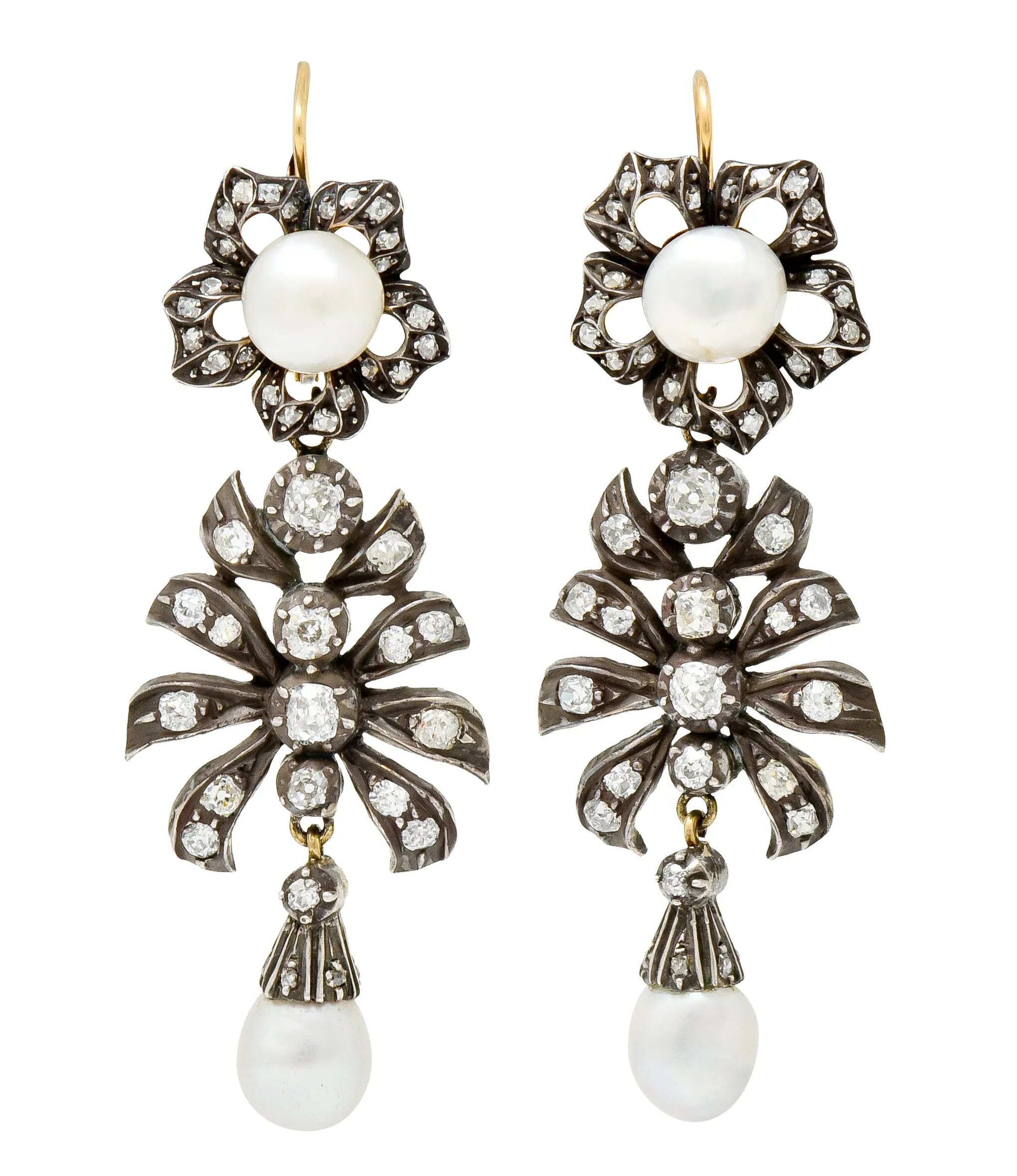 Victorian Diamond Natural Pearl Gold Silver Floral Drop Earrings GIA