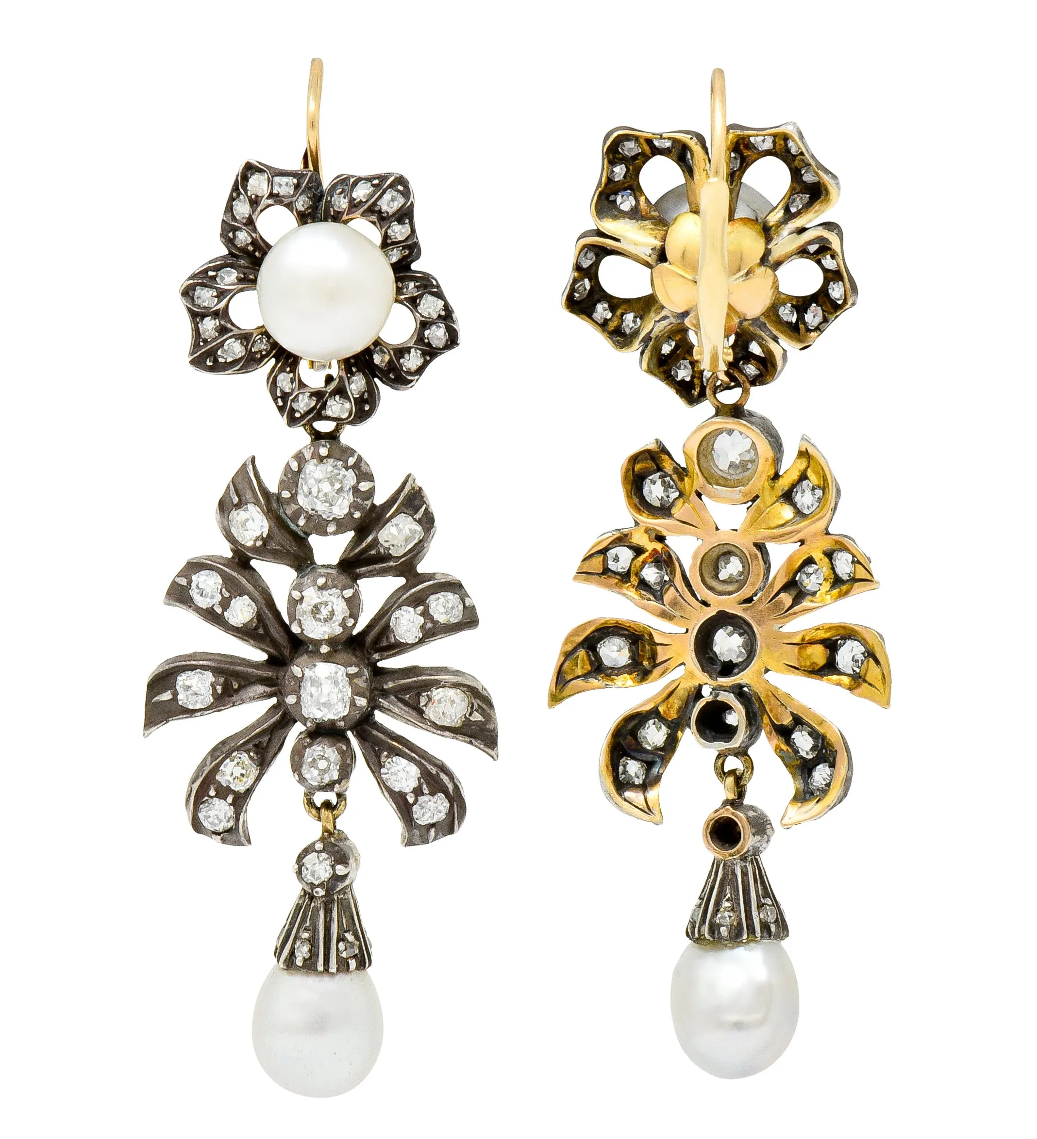 Victorian Diamond Natural Pearl Gold Silver Floral Drop Earrings GIA