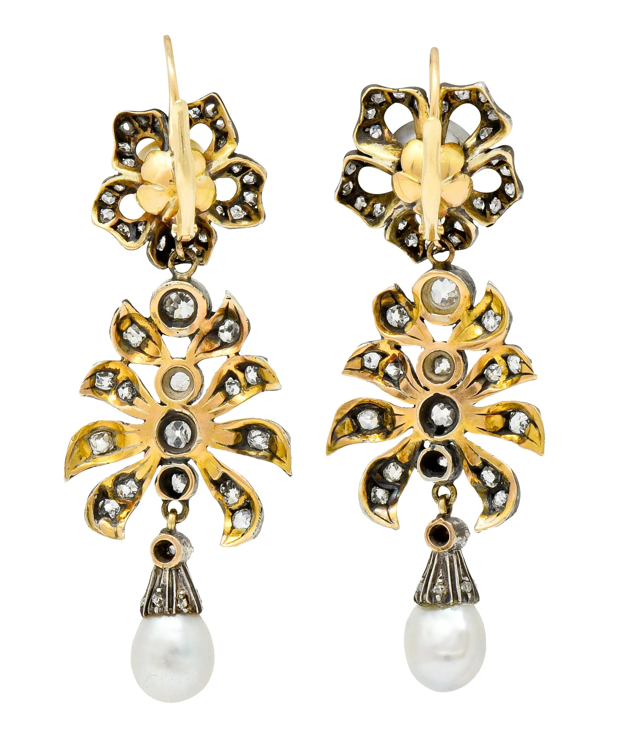 Victorian Diamond Natural Pearl Gold Silver Floral Drop Earrings GIA