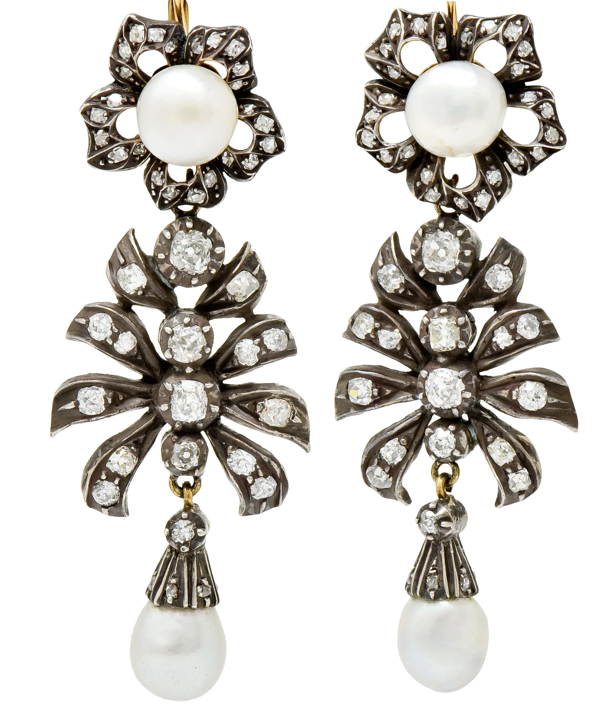 Victorian Diamond Natural Pearl Gold Silver Floral Drop Earrings GIA