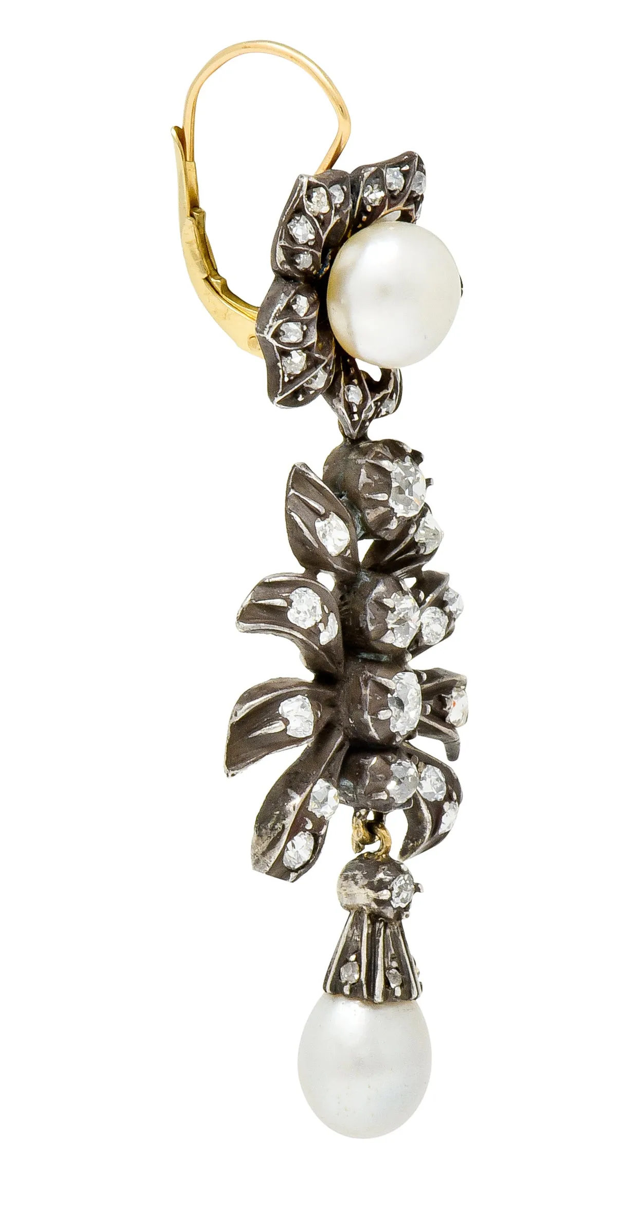 Victorian Diamond Natural Pearl Gold Silver Floral Drop Earrings GIA