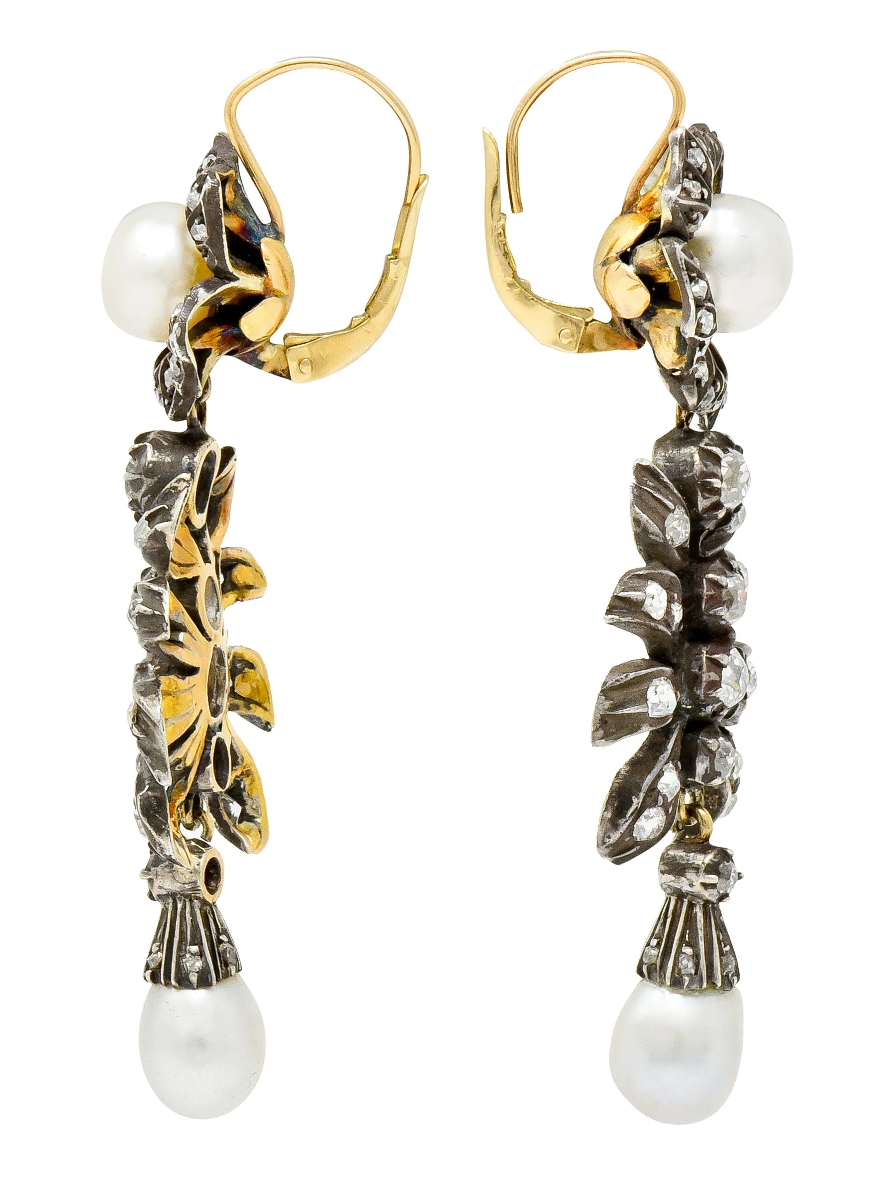 Victorian Diamond Natural Pearl Gold Silver Floral Drop Earrings GIA