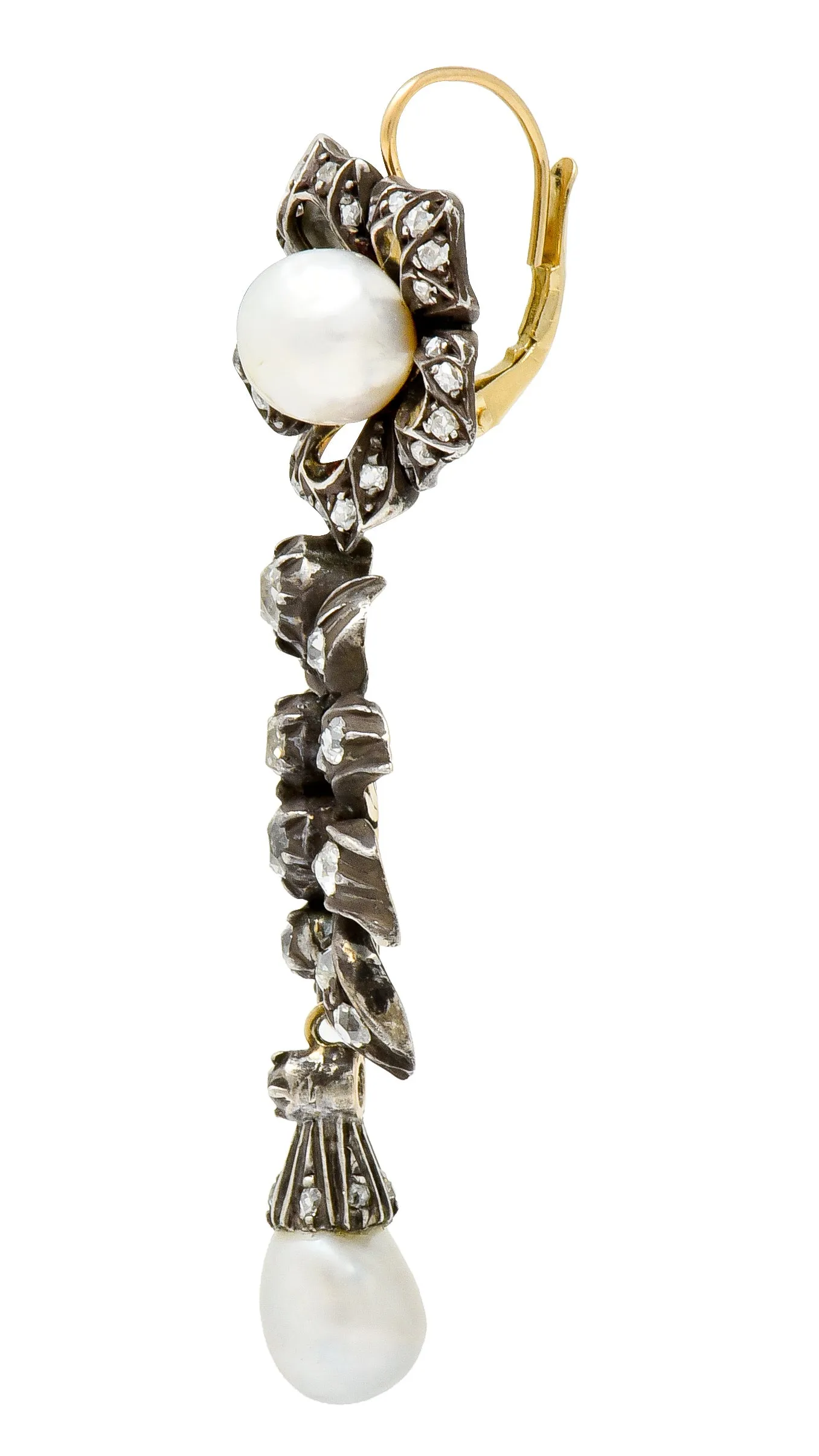 Victorian Diamond Natural Pearl Gold Silver Floral Drop Earrings GIA