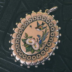 Victorian Enamel "Goldfinch & Flowers" Locket