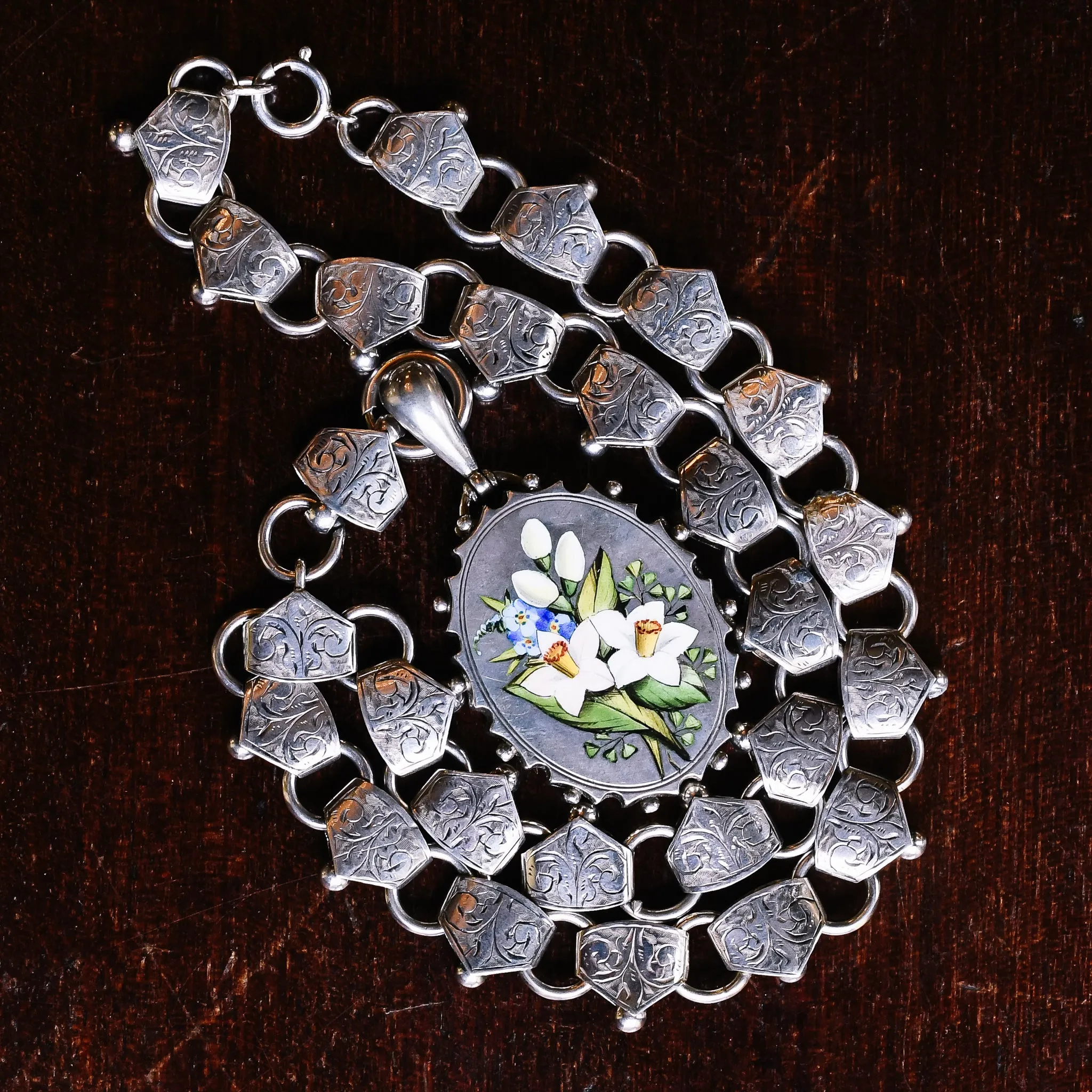 Victorian Enamel "Language of Flowers" Locket & Collar Necklace