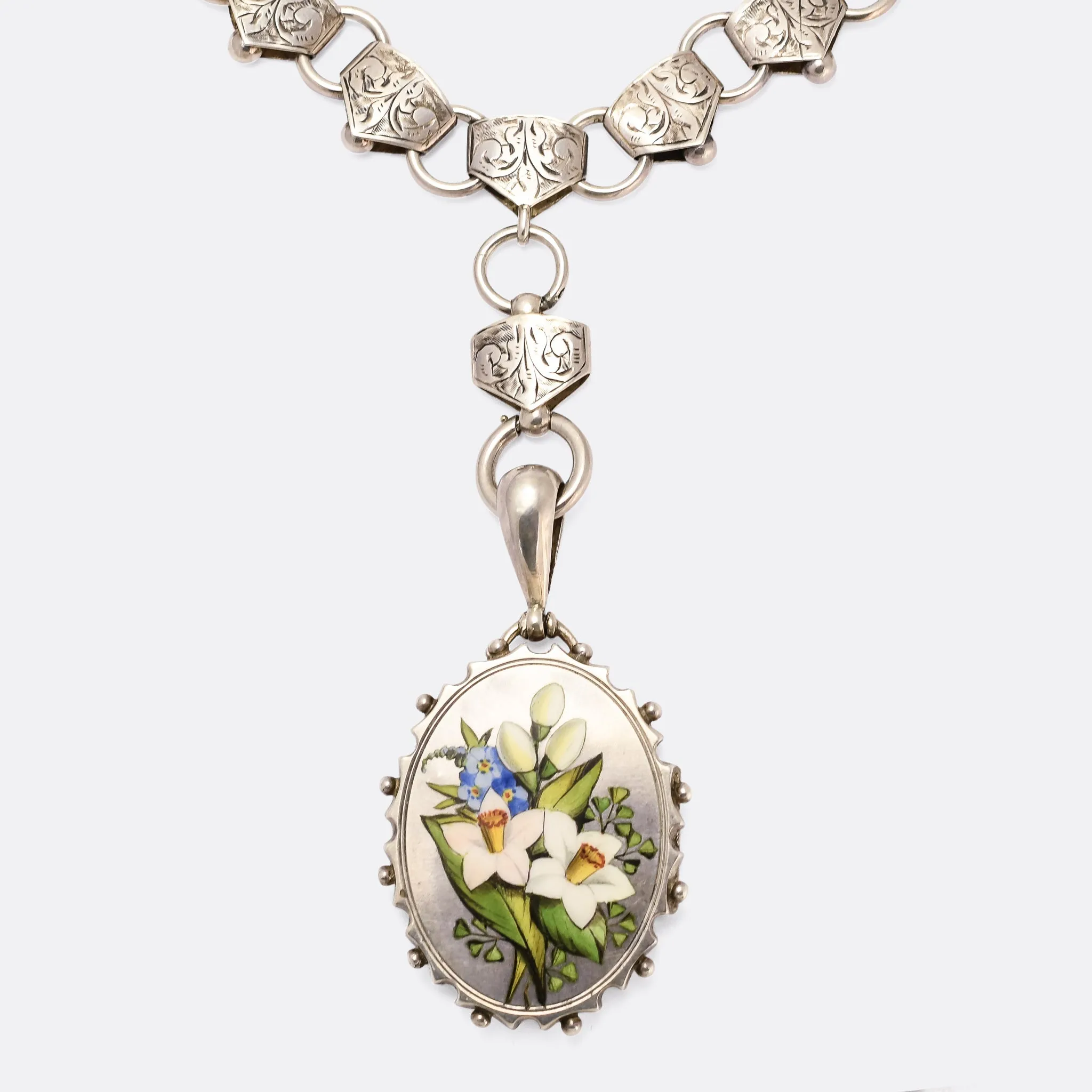 Victorian Enamel "Language of Flowers" Locket & Collar Necklace