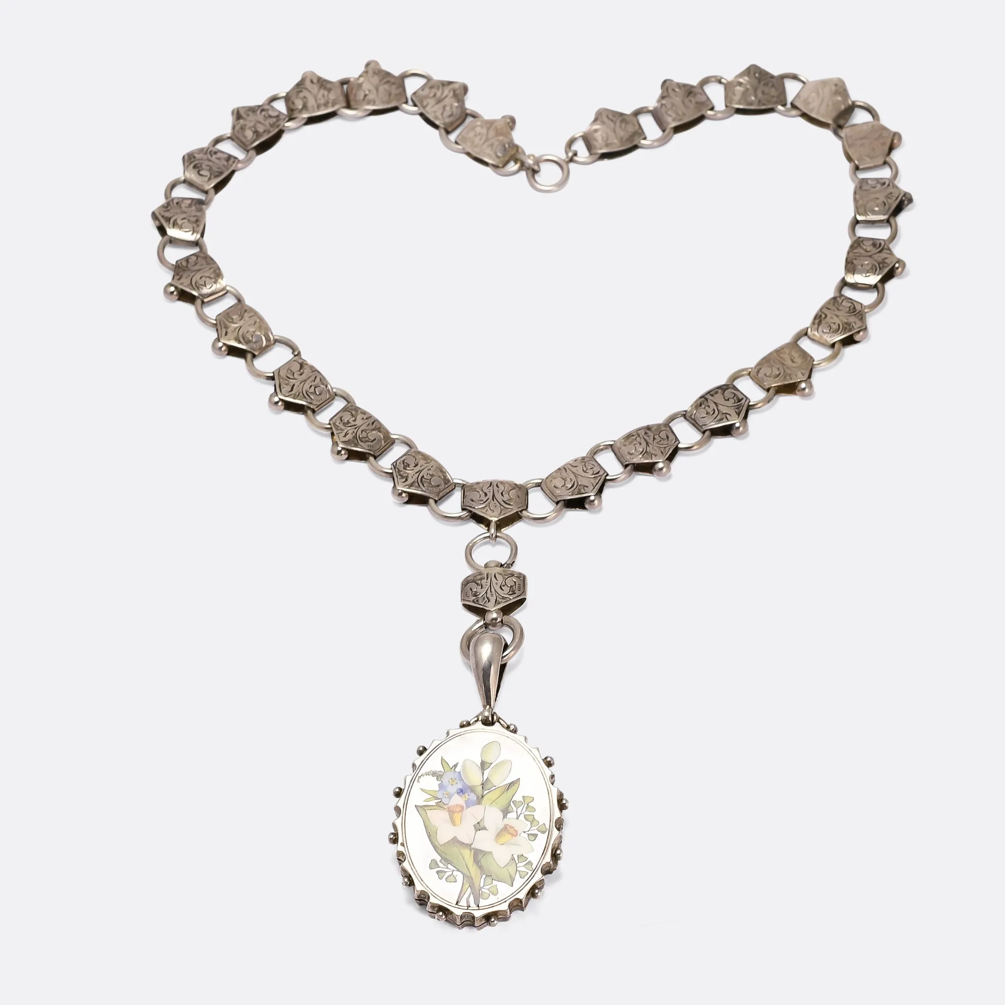 Victorian Enamel "Language of Flowers" Locket & Collar Necklace