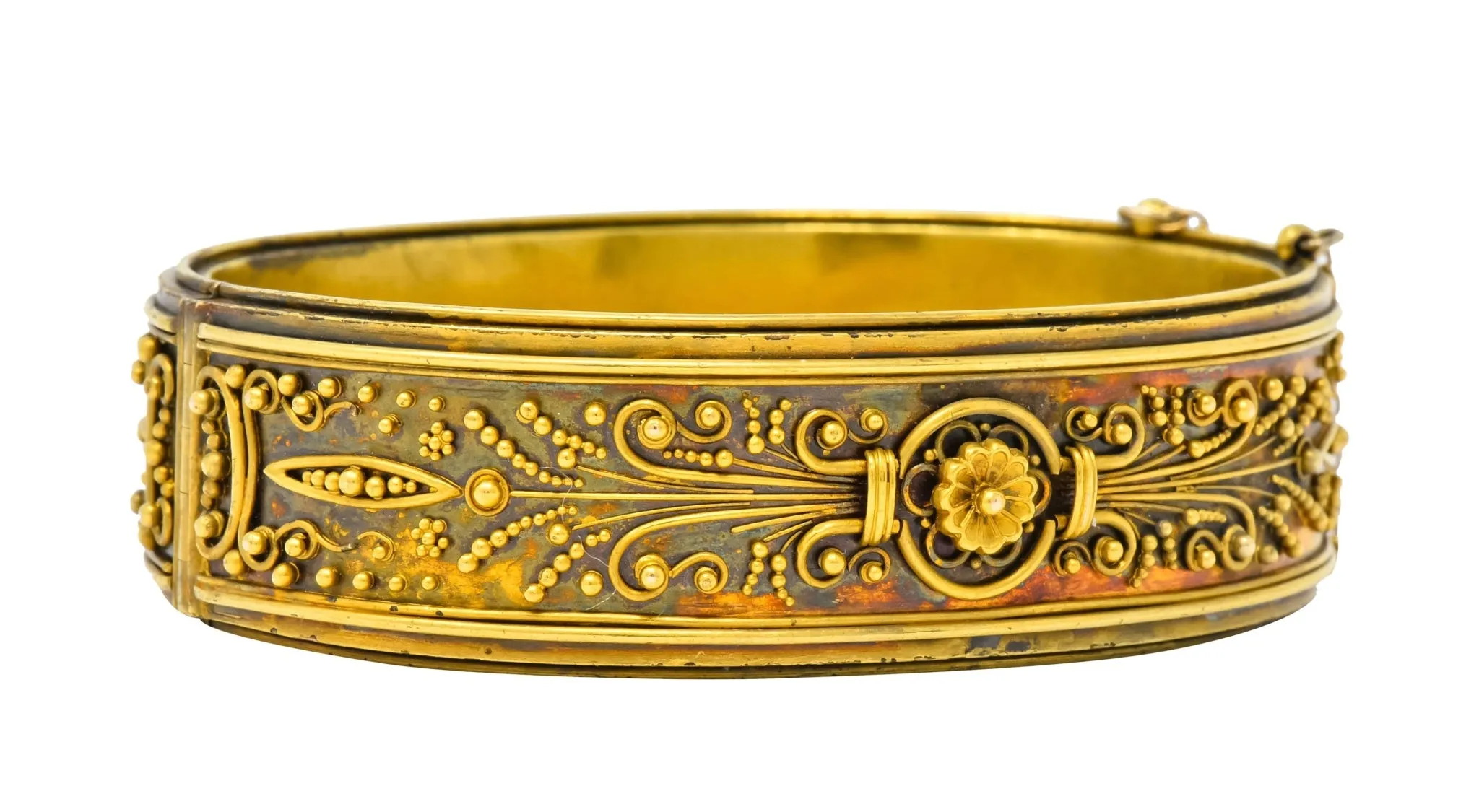 Victorian Etruscan Revival 18 Karat Gold Floral Bangle Bracelet Circa 1870