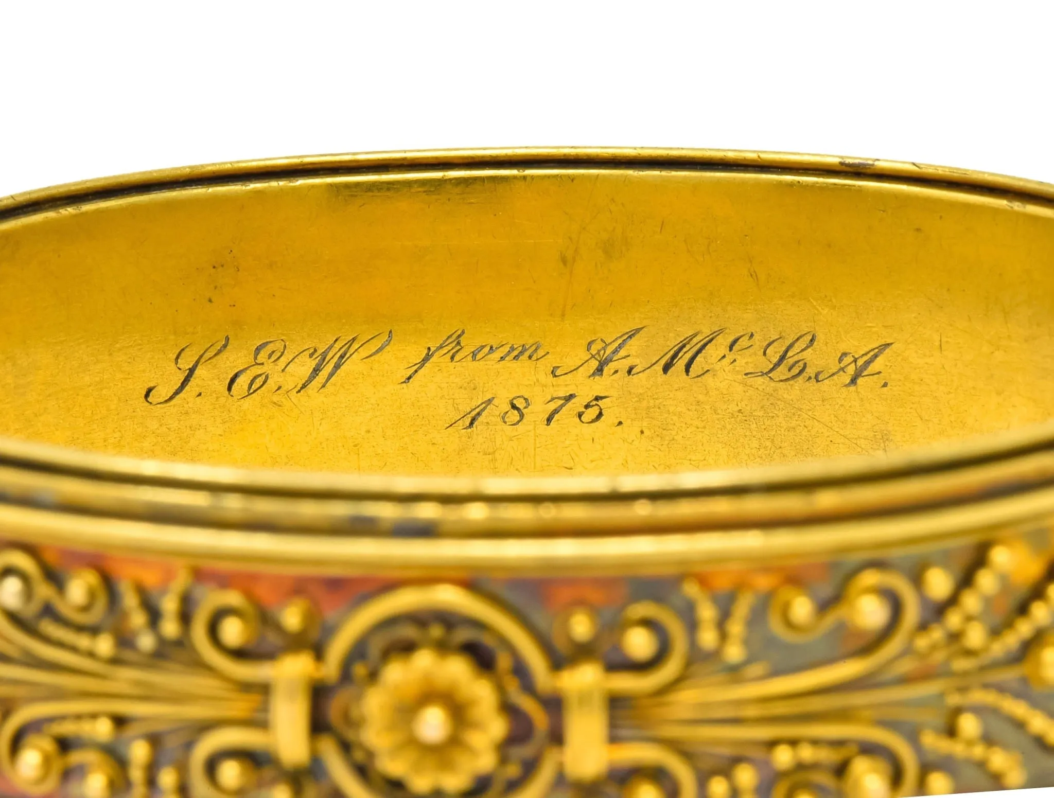 Victorian Etruscan Revival 18 Karat Gold Floral Bangle Bracelet Circa 1870