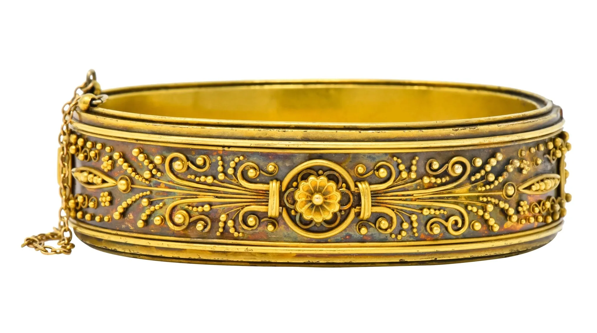 Victorian Etruscan Revival 18 Karat Gold Floral Bangle Bracelet Circa 1870