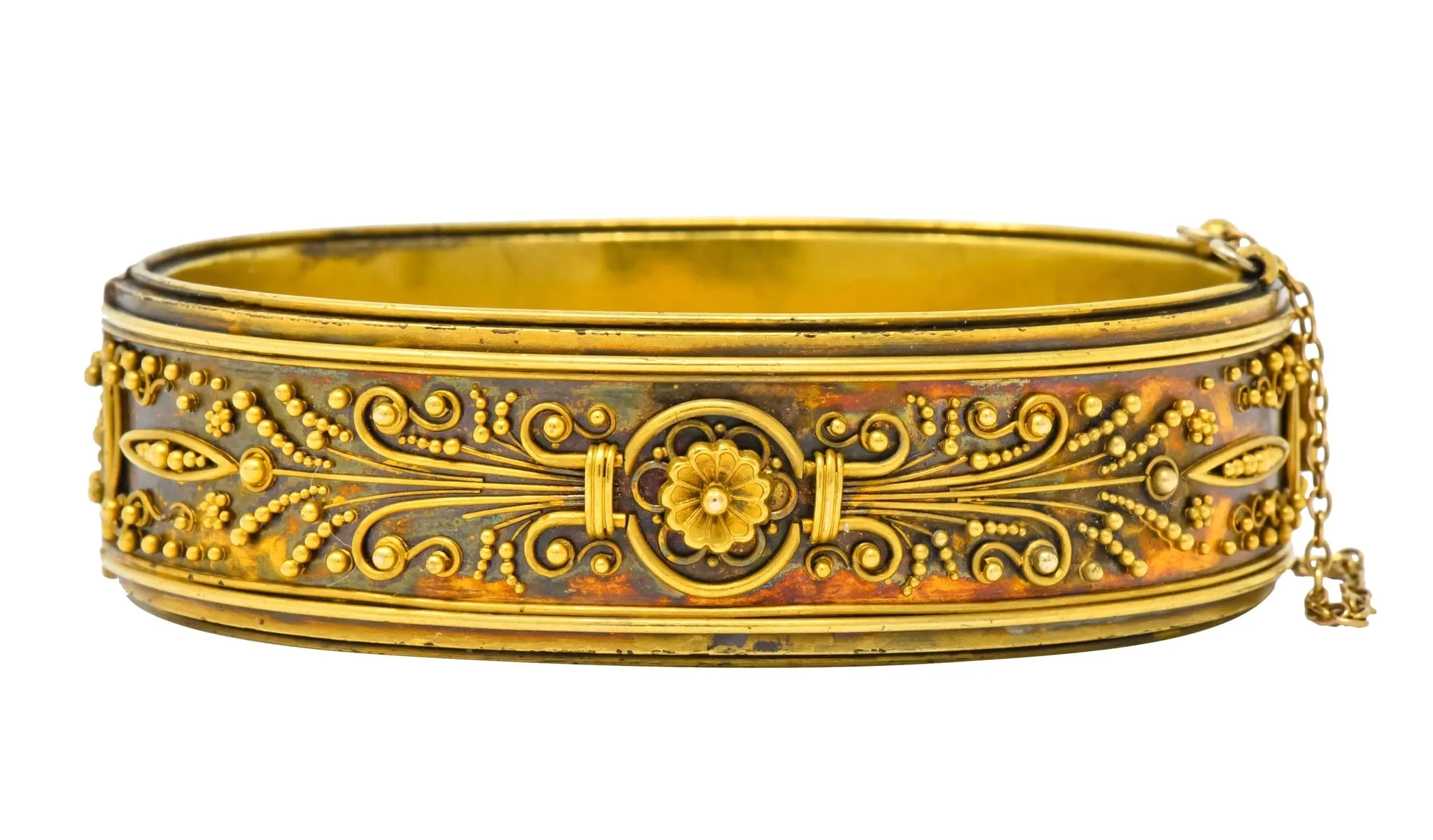 Victorian Etruscan Revival 18 Karat Gold Floral Bangle Bracelet Circa 1870