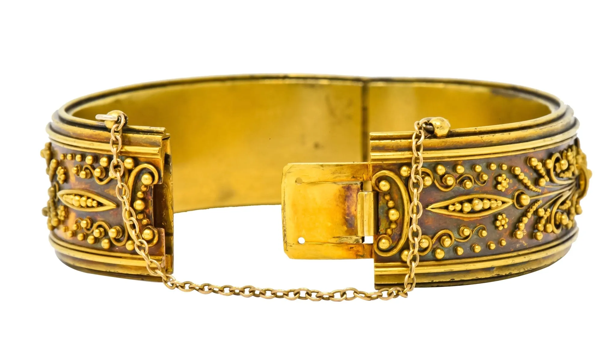 Victorian Etruscan Revival 18 Karat Gold Floral Bangle Bracelet Circa 1870