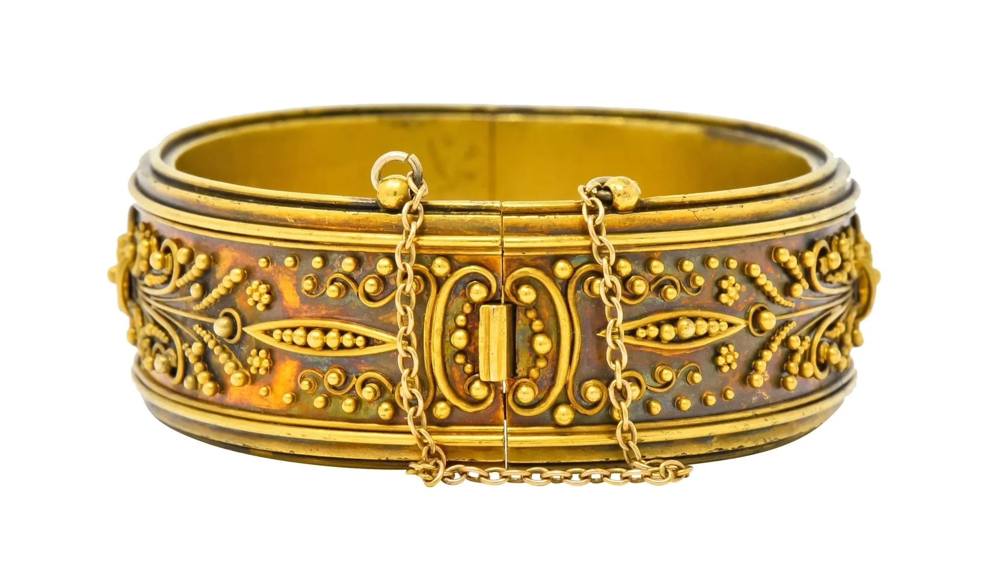 Victorian Etruscan Revival 18 Karat Gold Floral Bangle Bracelet Circa 1870