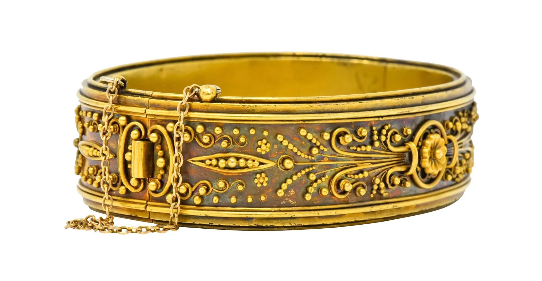 Victorian Etruscan Revival 18 Karat Gold Floral Bangle Bracelet Circa 1870