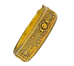 Victorian Etruscan Revival 18 Karat Gold Floral Bangle Bracelet Circa 1870