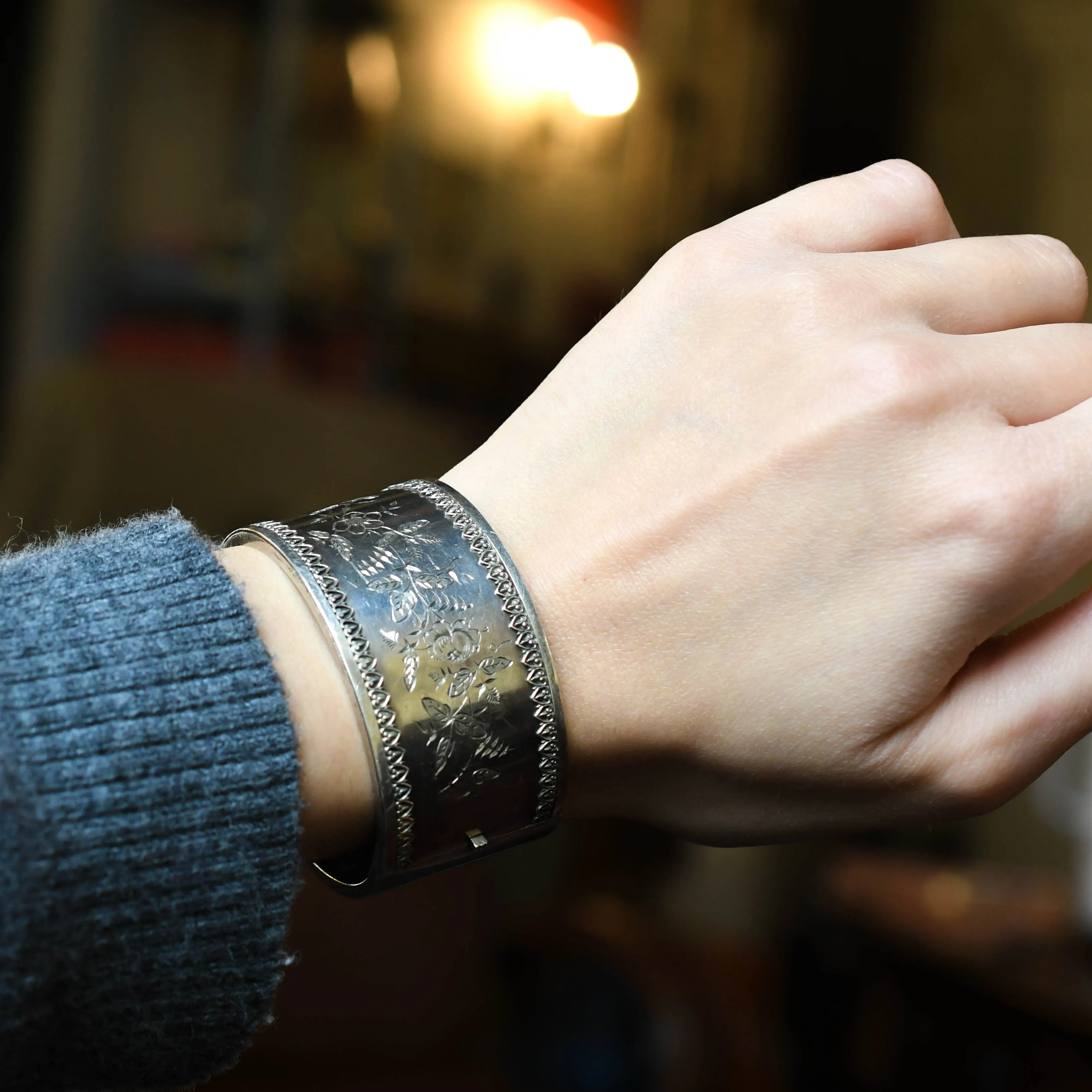 Victorian Floral Silver Cuff Bangle