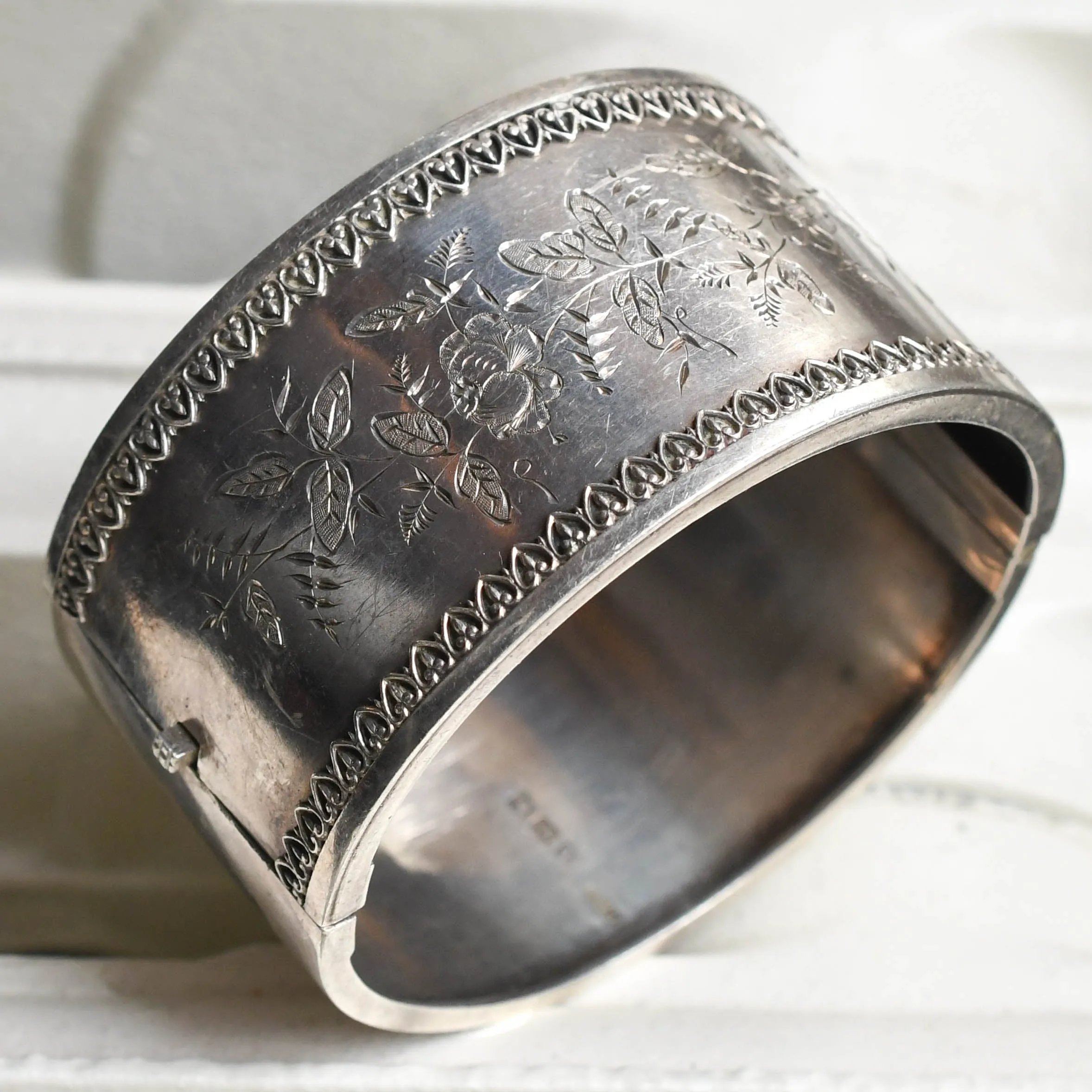 Victorian Floral Silver Cuff Bangle