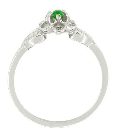 Victorian Flowers & Leaves Emerald Promise Ring in 14 Karat White Gold
