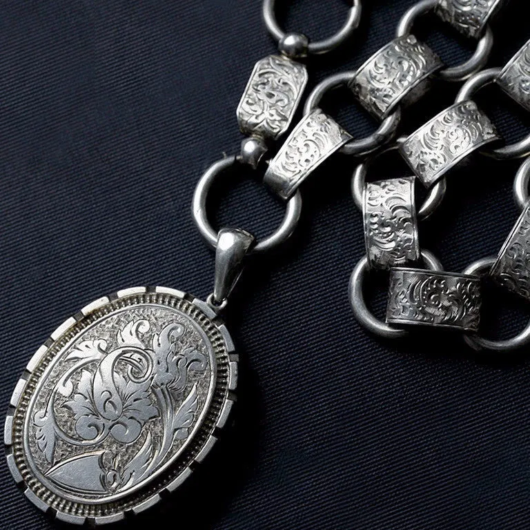 Victorian Oversized Sterling Locket and Chain