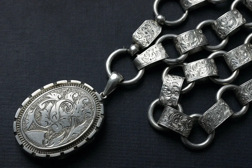 Victorian Oversized Sterling Locket and Chain