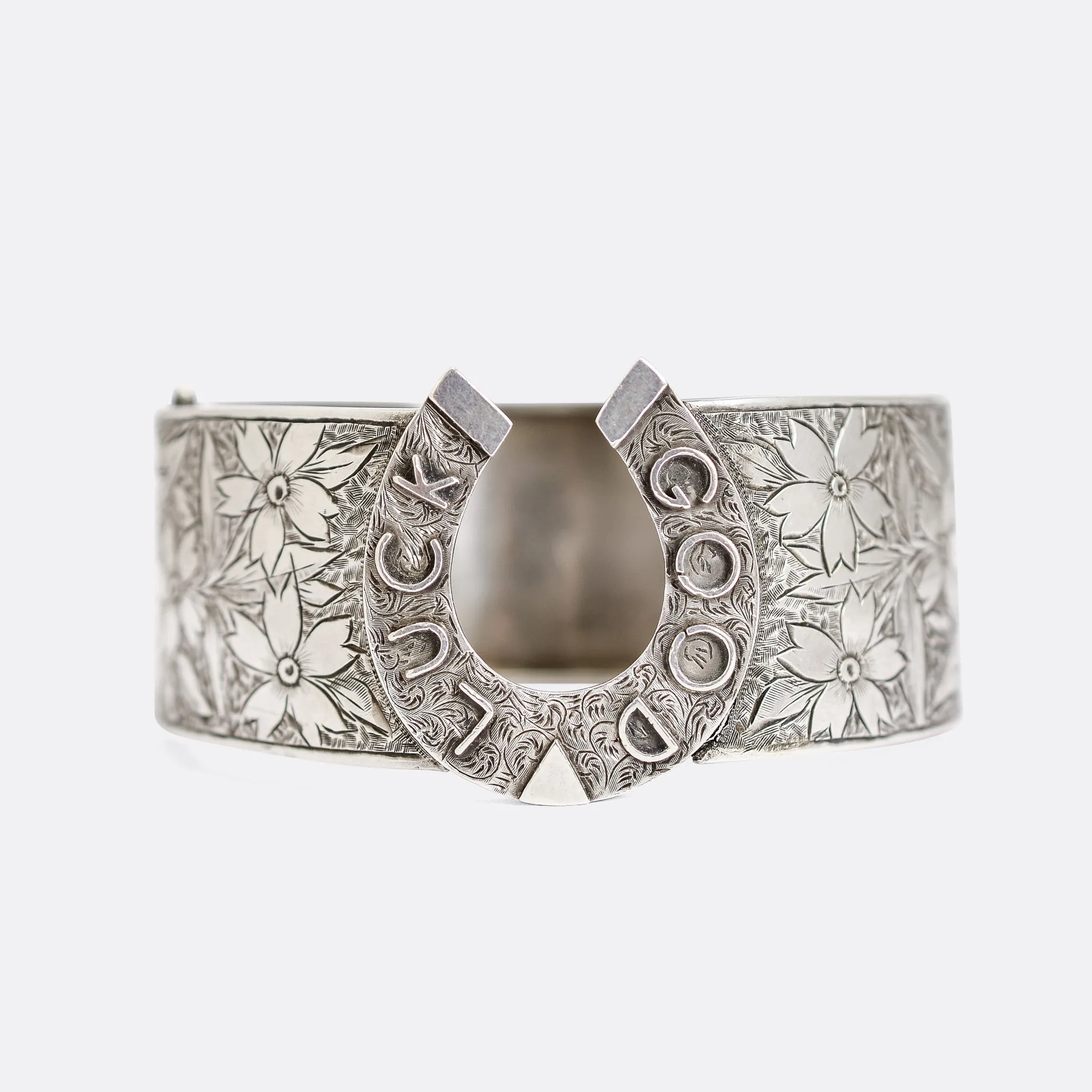 Victorian "Good Luck" Silver Cuff Bangle