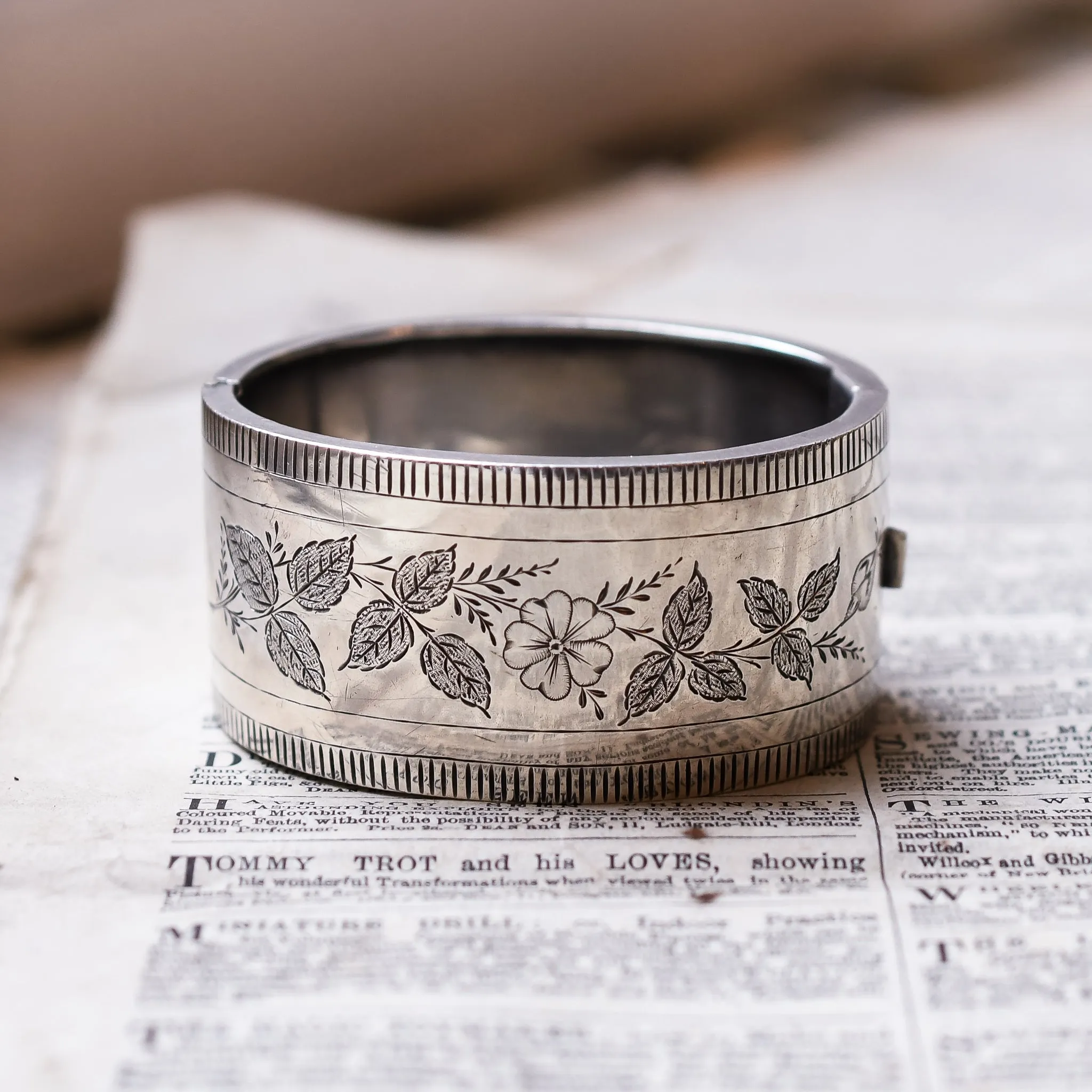 Victorian "Language of Flowers" Silver Cuff Bangle