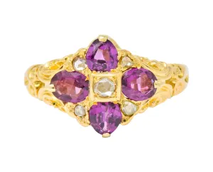 Victorian Rhodalite Garnet Rose Cut Diamond 9 Karat Gold Floral Cluster Ring