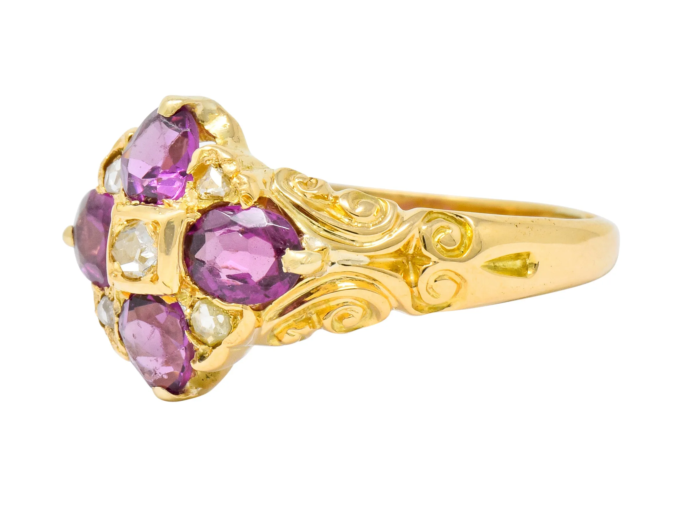 Victorian Rhodalite Garnet Rose Cut Diamond 9 Karat Gold Floral Cluster Ring