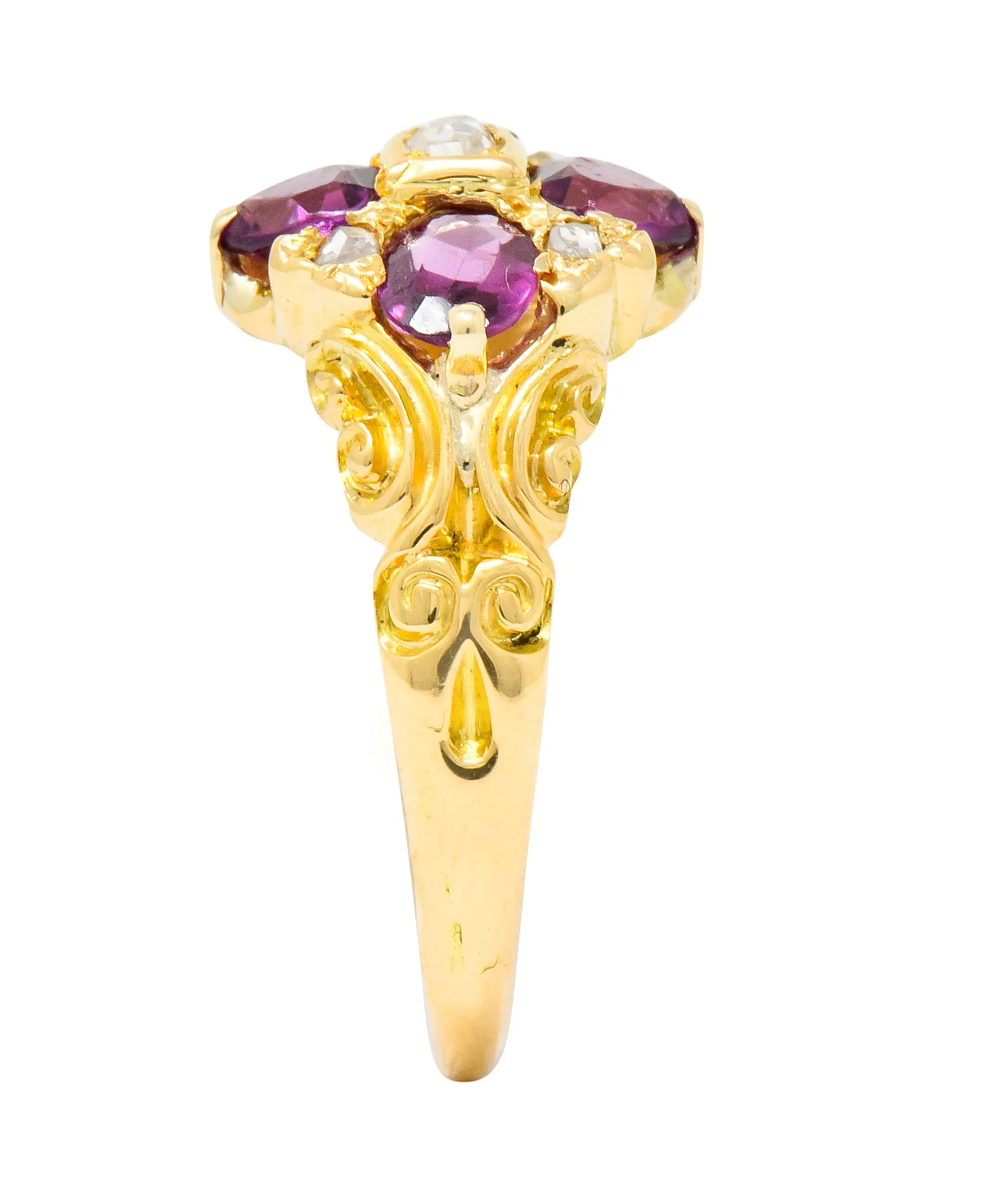 Victorian Rhodalite Garnet Rose Cut Diamond 9 Karat Gold Floral Cluster Ring
