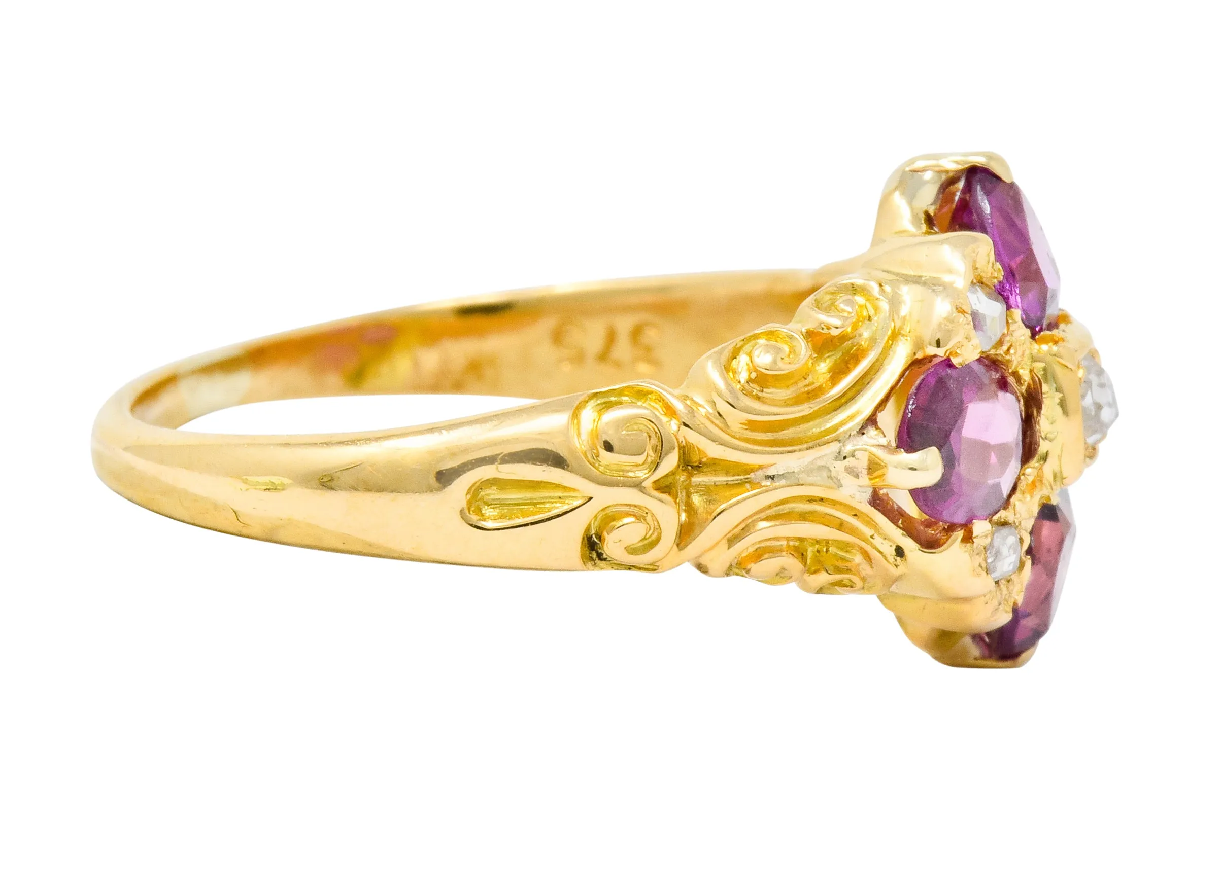 Victorian Rhodalite Garnet Rose Cut Diamond 9 Karat Gold Floral Cluster Ring