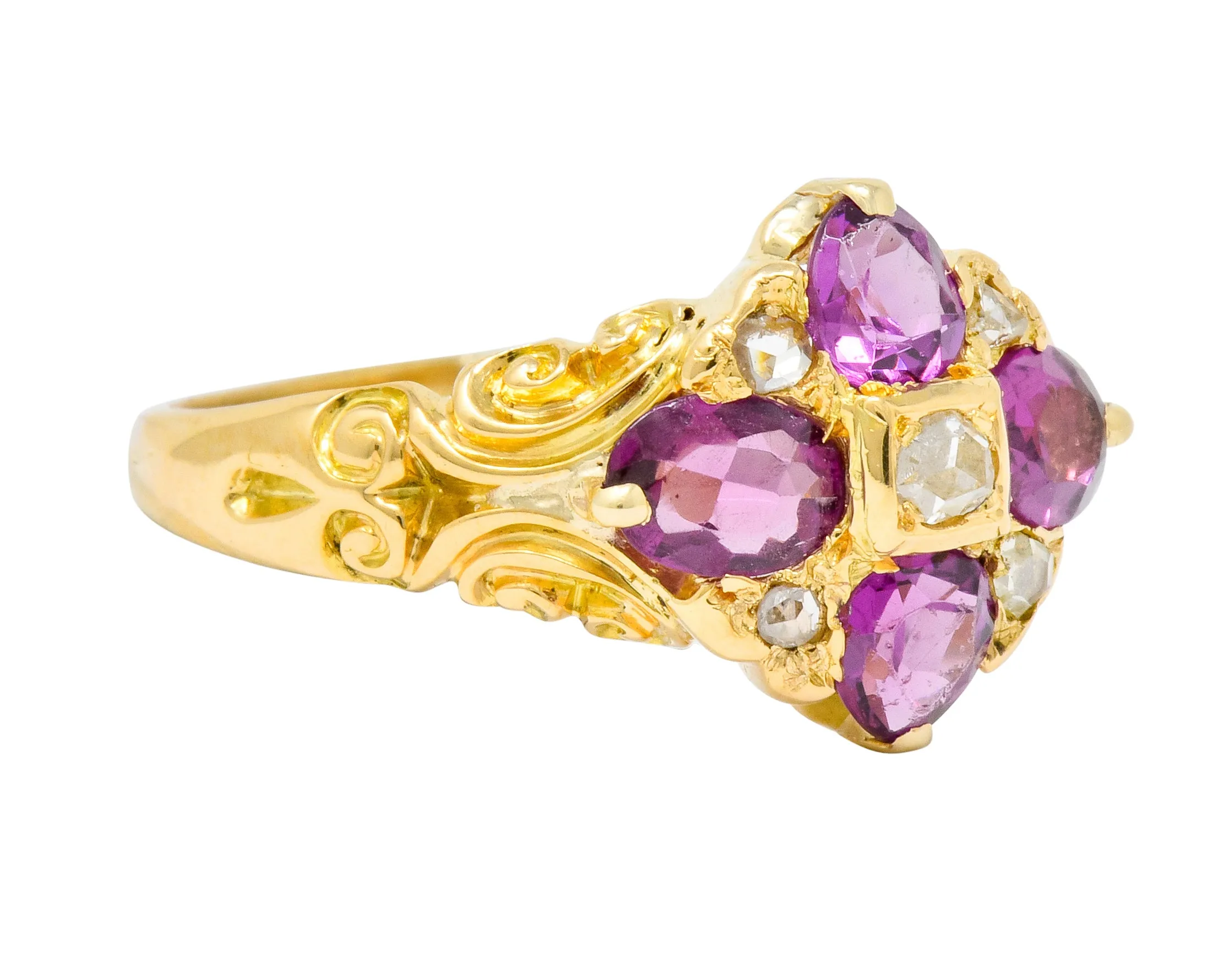Victorian Rhodalite Garnet Rose Cut Diamond 9 Karat Gold Floral Cluster Ring