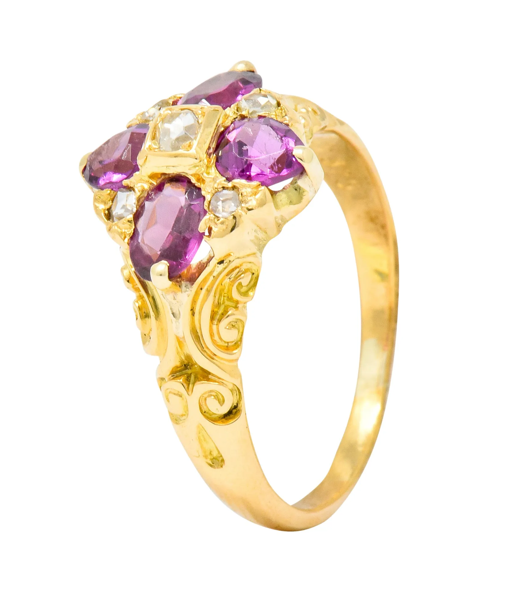 Victorian Rhodalite Garnet Rose Cut Diamond 9 Karat Gold Floral Cluster Ring