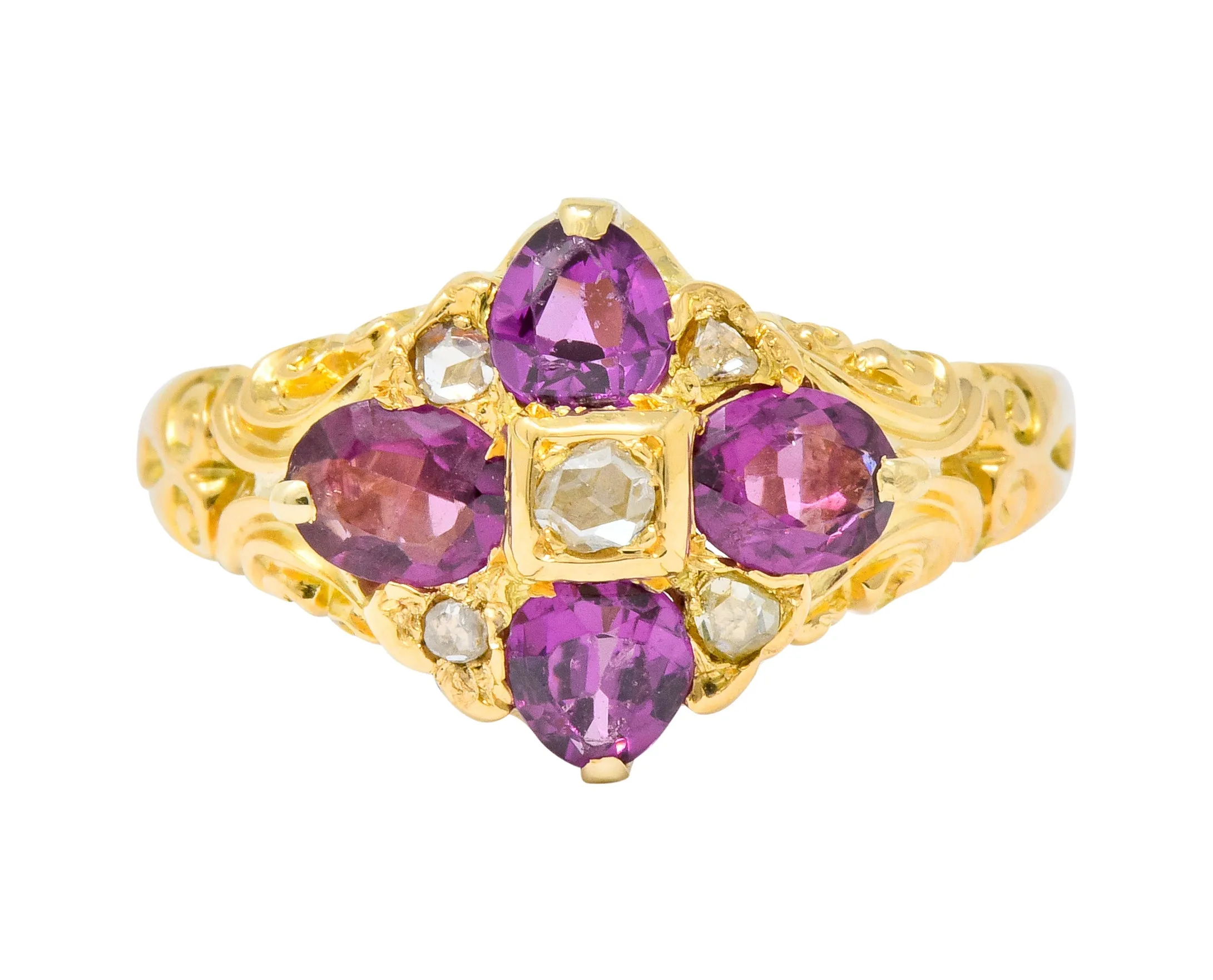 Victorian Rhodalite Garnet Rose Cut Diamond 9 Karat Gold Floral Cluster Ring