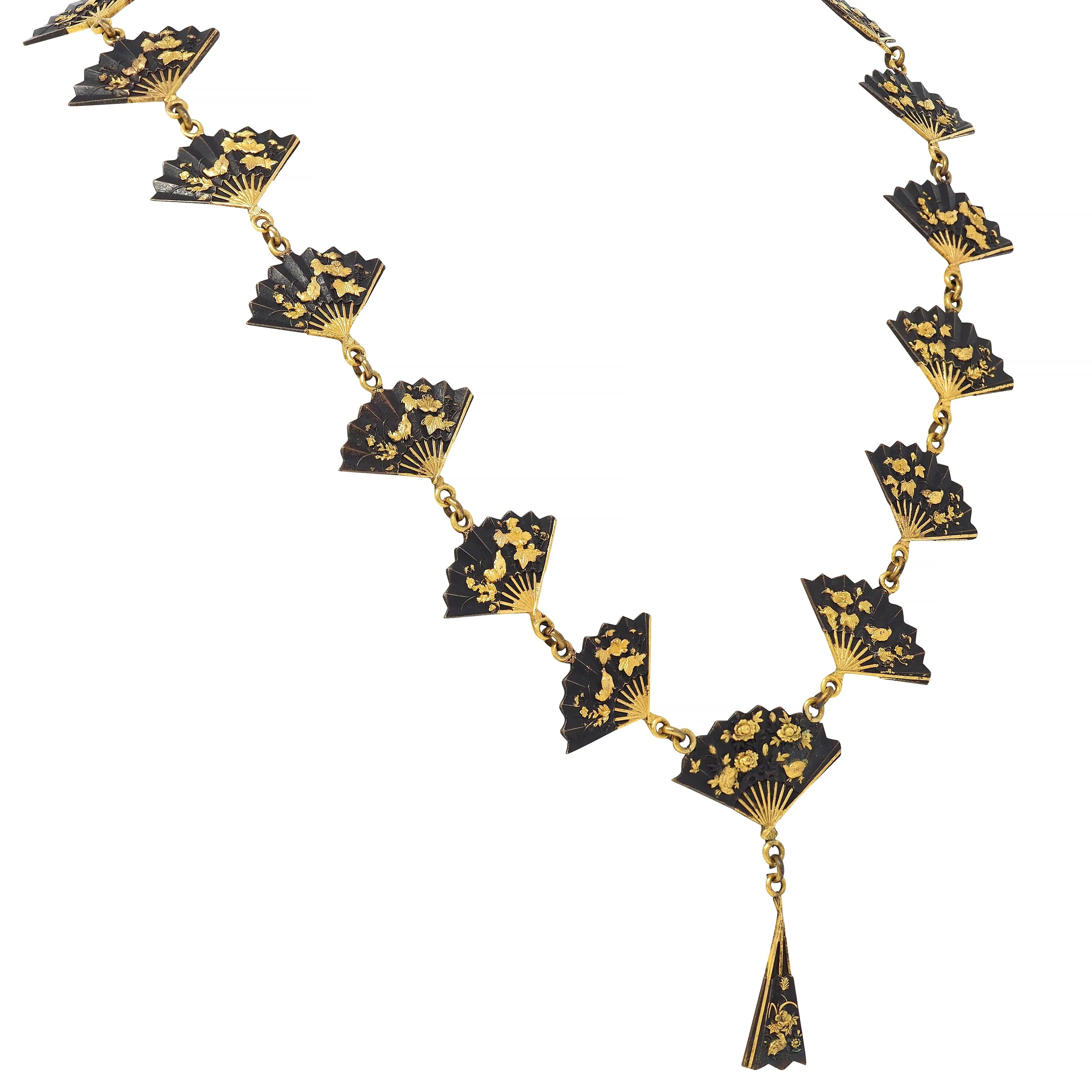 Victorian Shakudo 14 Karat Yellow Gold Antique Japanese Fan Link Sautoir Necklace