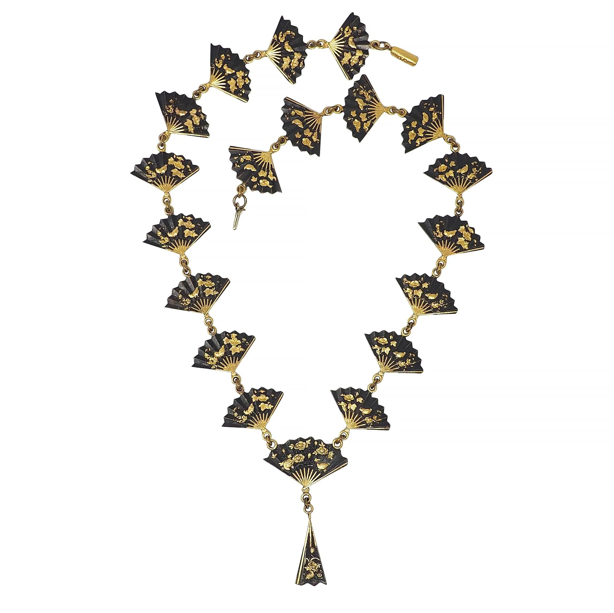 Victorian Shakudo 14 Karat Yellow Gold Antique Japanese Fan Link Sautoir Necklace