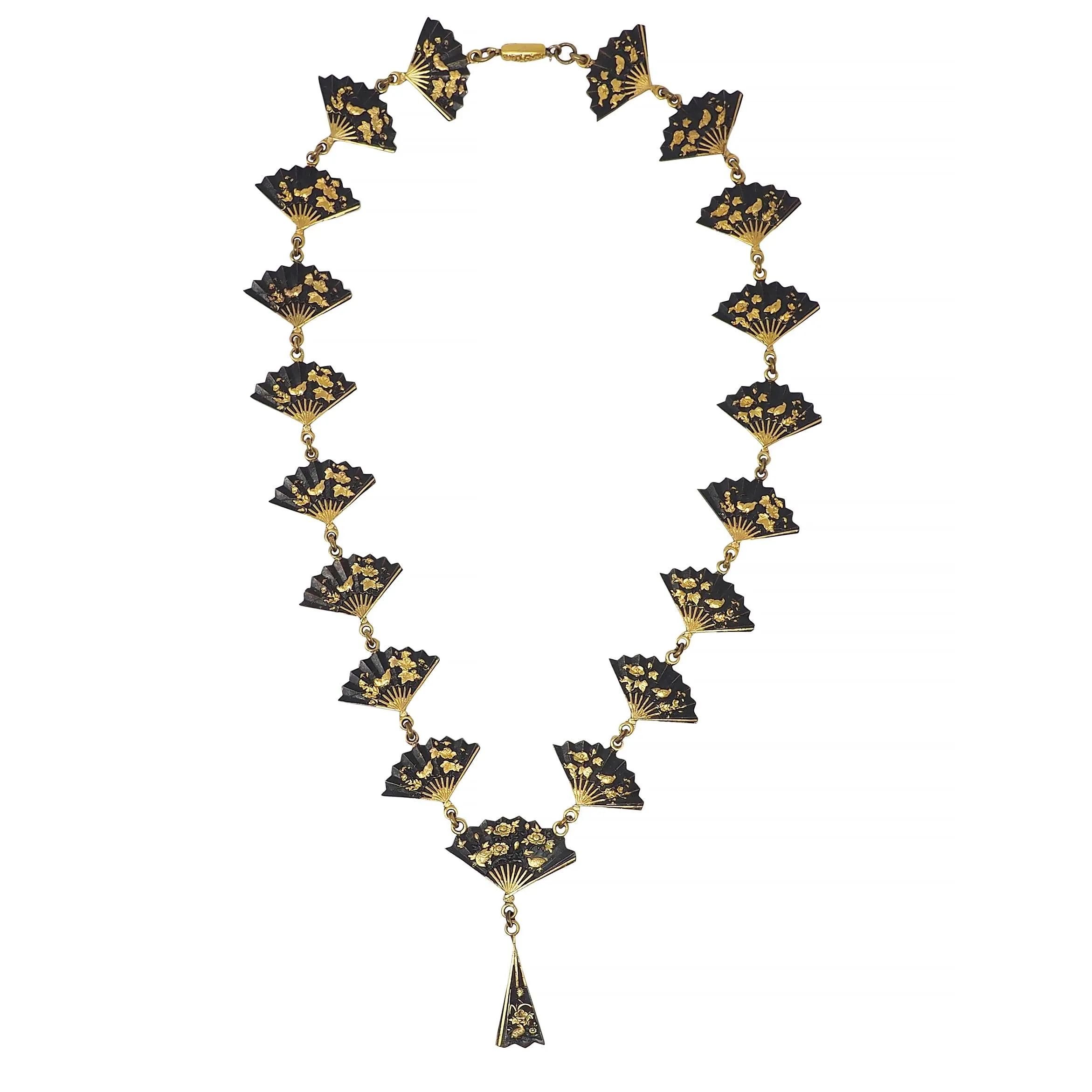 Victorian Shakudo 14 Karat Yellow Gold Antique Japanese Fan Link Sautoir Necklace